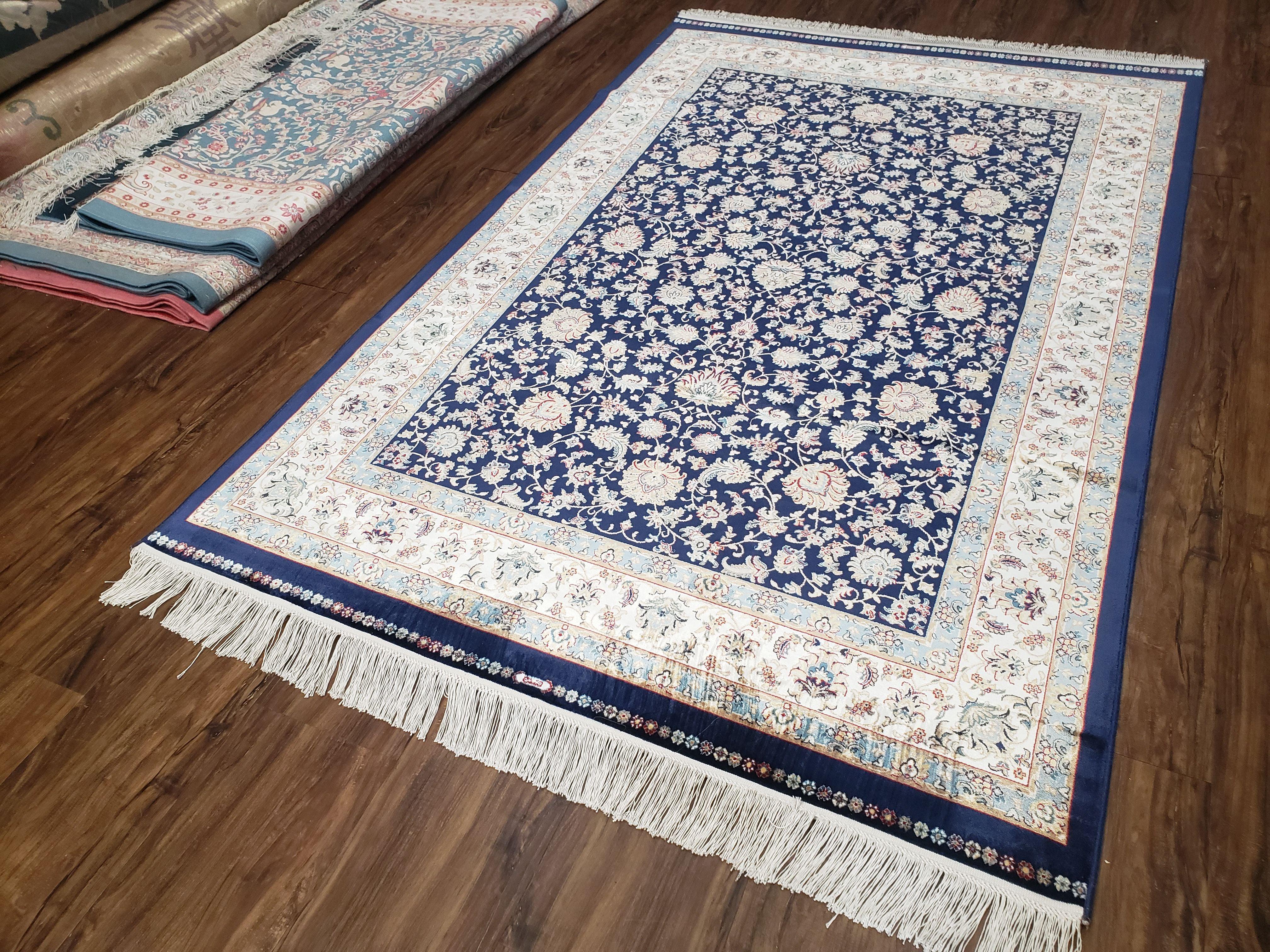 Blue Silk Carpet 4 x 6 ft, Super Fine Silk Rug Blue & Ivory, Bamboo Silk, Affordable Top Quality Silk Rug, Allover Floral Pattern - Jewel Rugs