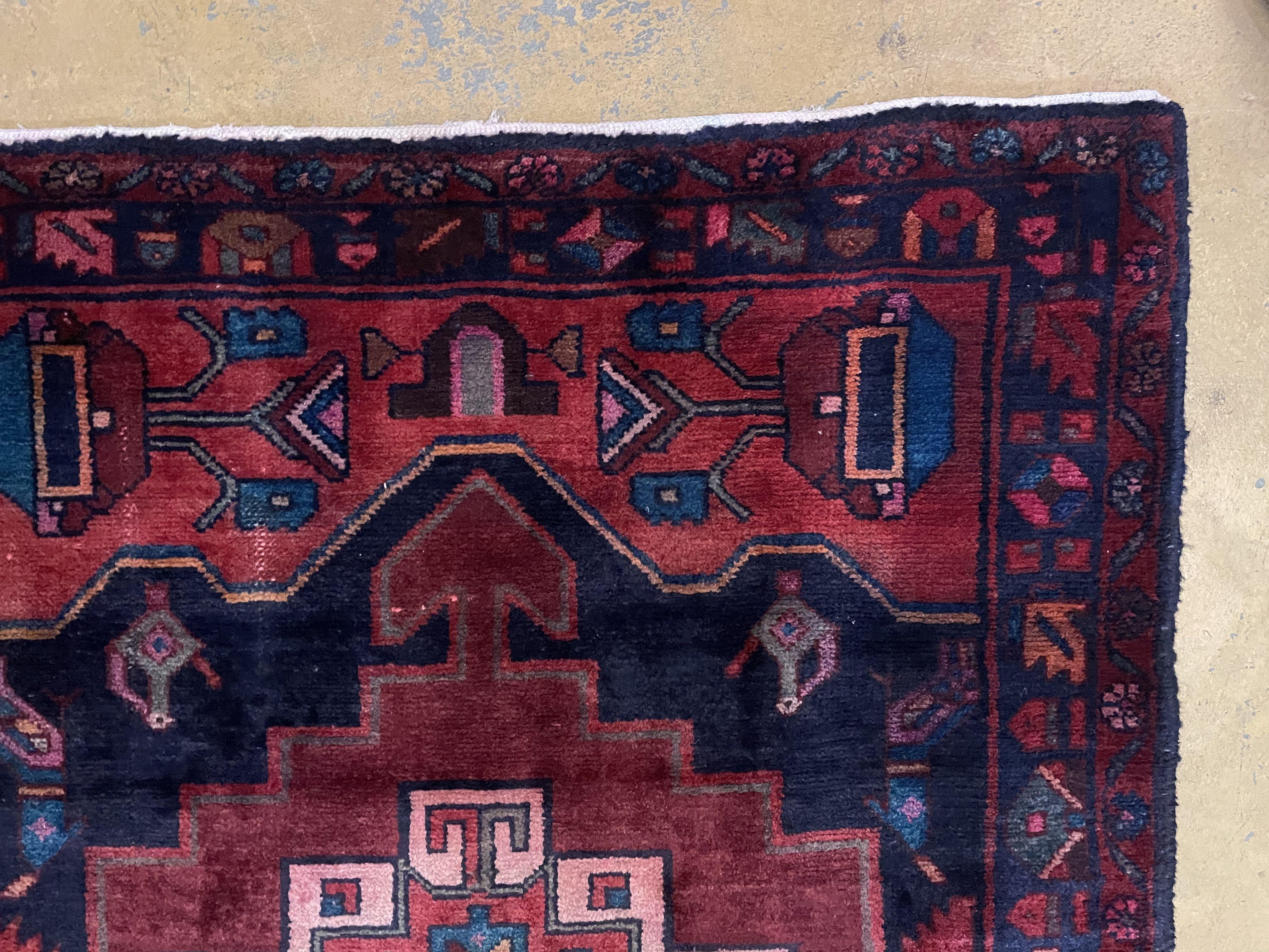 Persian Runner Rug 3.8 x 10, Persian Hamadan Nahavand Runner, Karabagh Design, Antique Wool Tribal Runner, Geometric Medallions, Handmade Hand Knotted Wide Runner, Navy Blue Red, Birds - Jewel Rugs