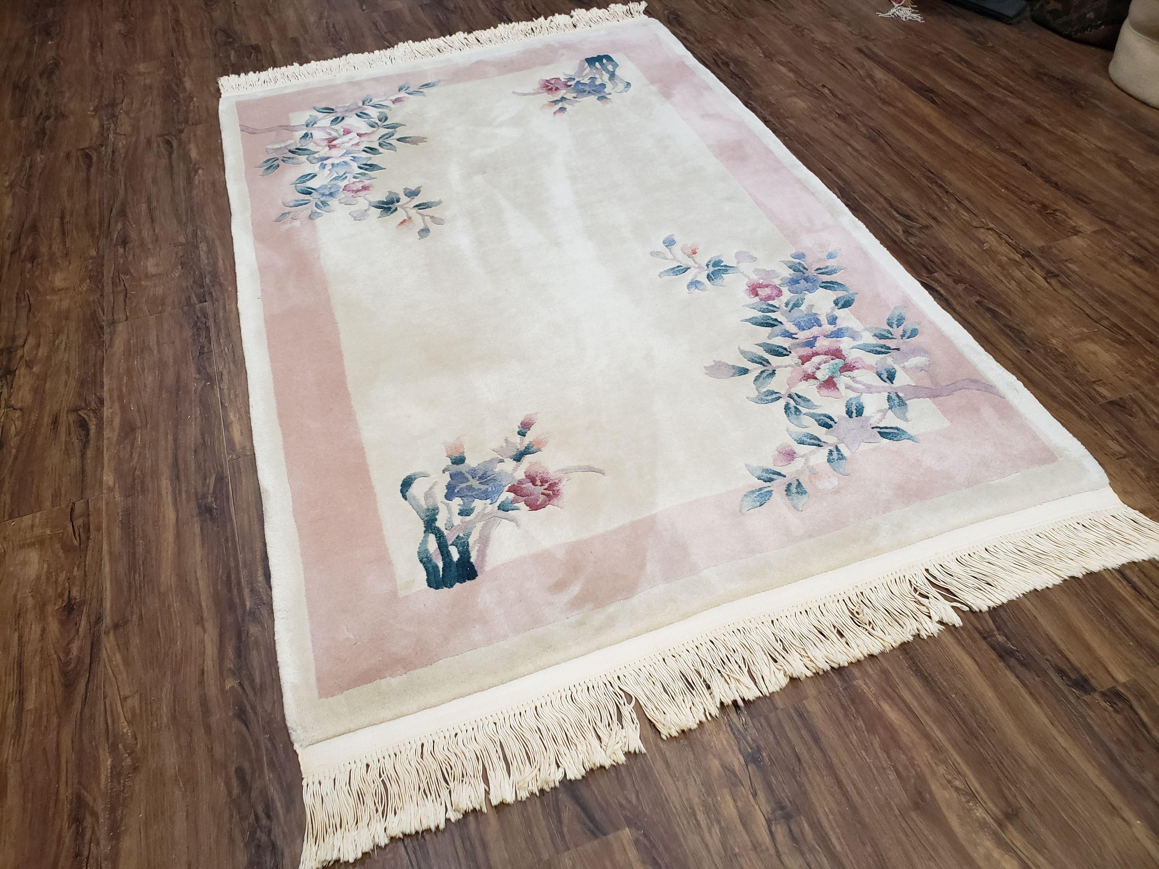 4x6 Handmade Chinese Wool Area Rug 90 Lines Carpet Art Deco Rug Ivory Beige Pink - Jewel Rugs