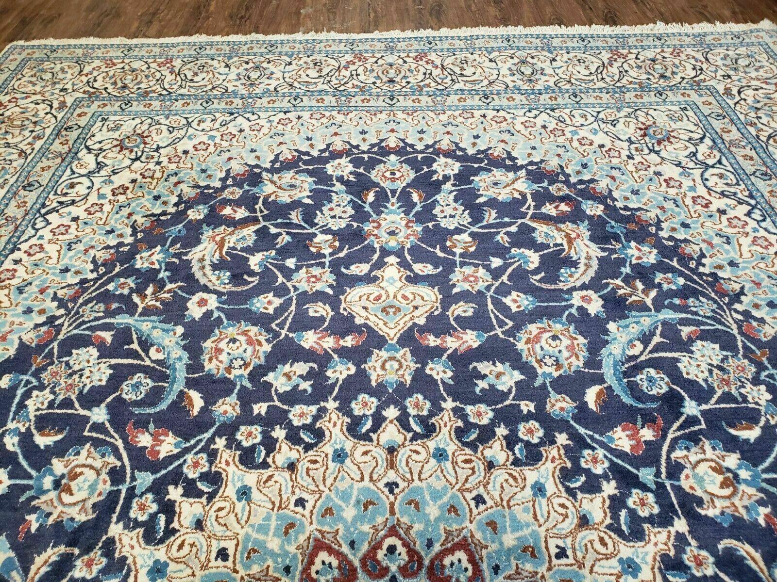 8' X 12' Finely Woven Handmade Persian Nain Oriental Floral Wool Area Rug - Ivory and Blue Carpet - Jewel Rugs