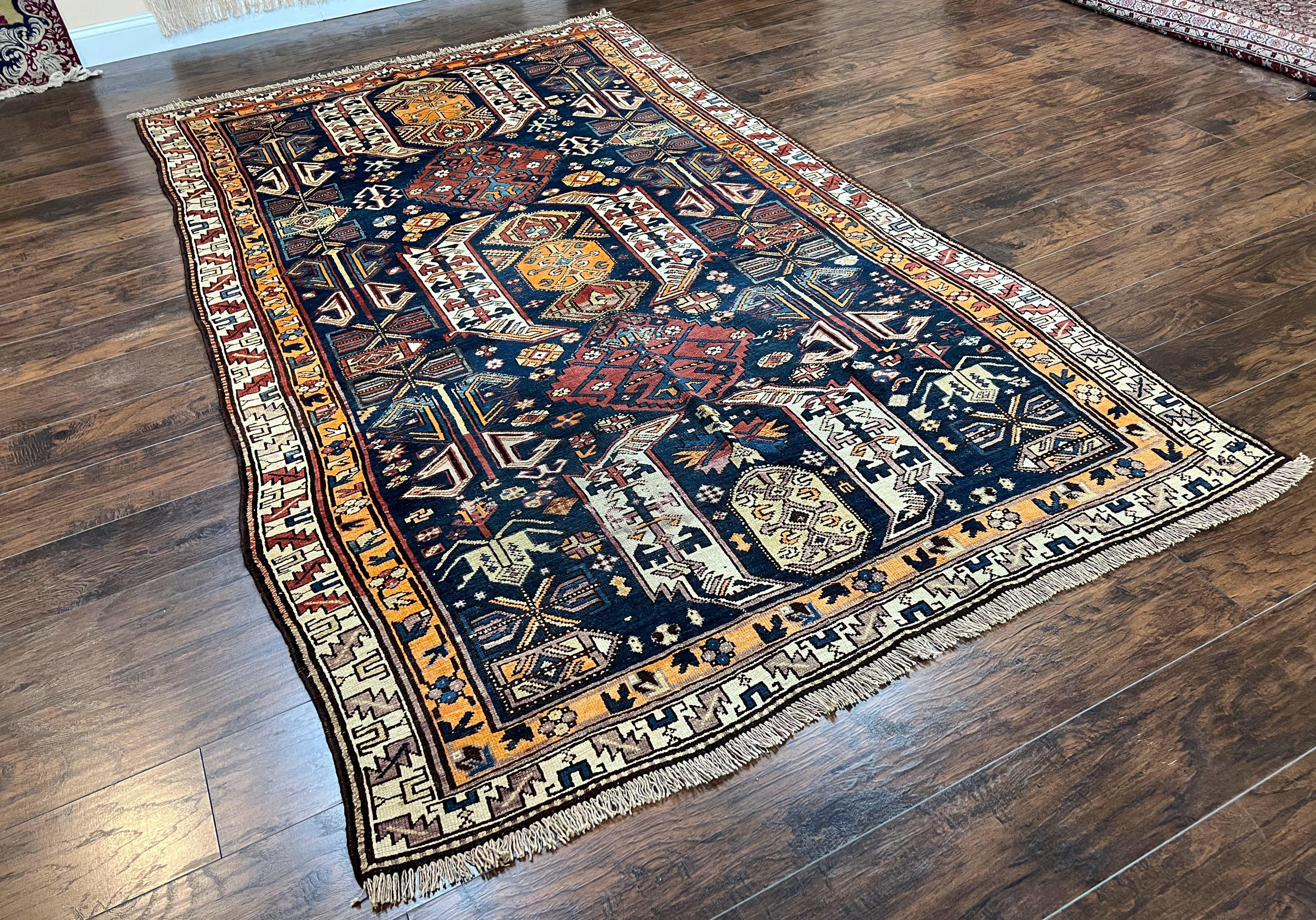 Antique Persian Kurdish Rug 5.6 x 9.8, Kurdish Tribal Carpet, Wool Tribal Rug, Geometric Rug, Bohemian Rug, Boho Rug, Navy Blue Cream Orange - Jewel Rugs