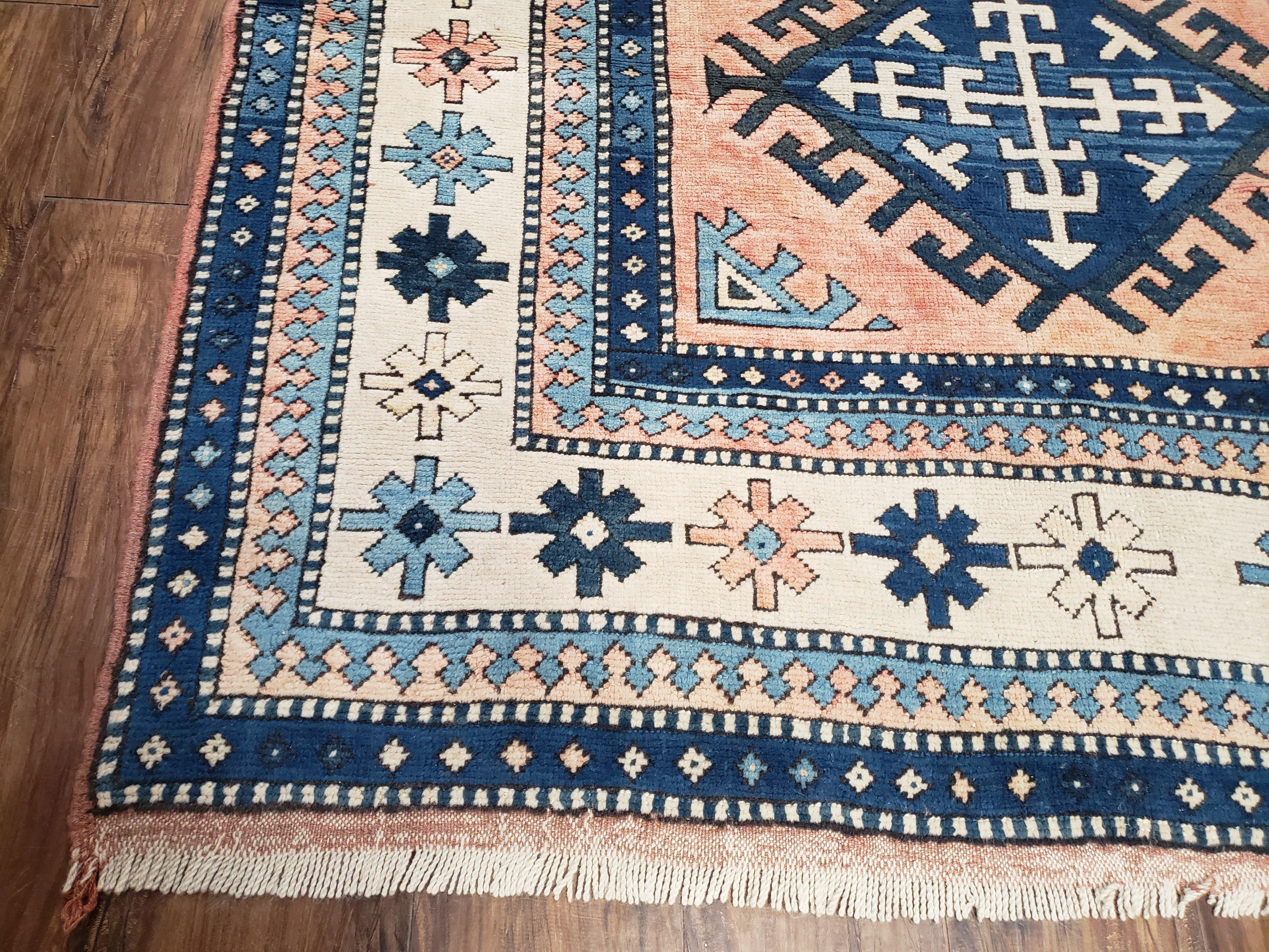 Turkish Kazak Rug 5x8 ft, Bold Geometric Bohemian Carpet, Blue and Ivory Hand Knotted Area Rug, Medium Sized High Quality Wool Oriental Rug - Jewel Rugs