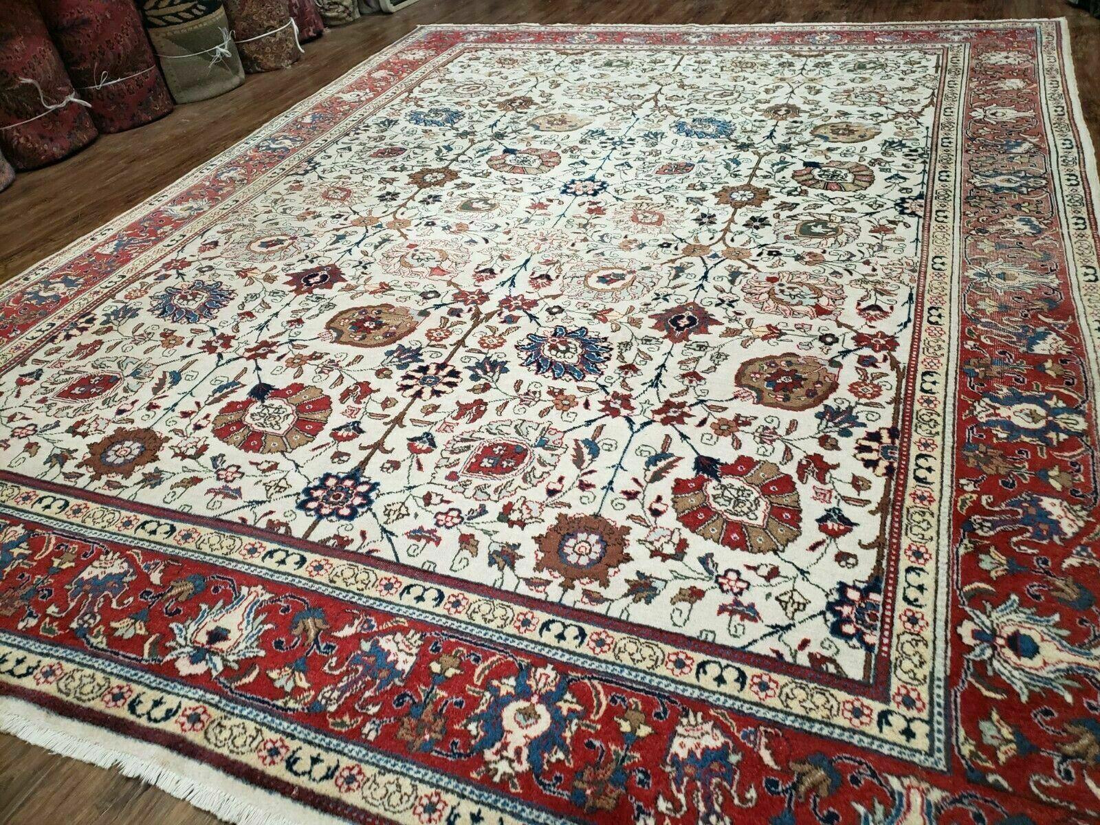 Antique Persian Tabriz Rug 9x12, Hand Knotted Oriental Carpet 9 x 12 ft, Vintage Wool Room Sized Rug, Cream and Red, Floral Allover Handmade Rug - Jewel Rugs