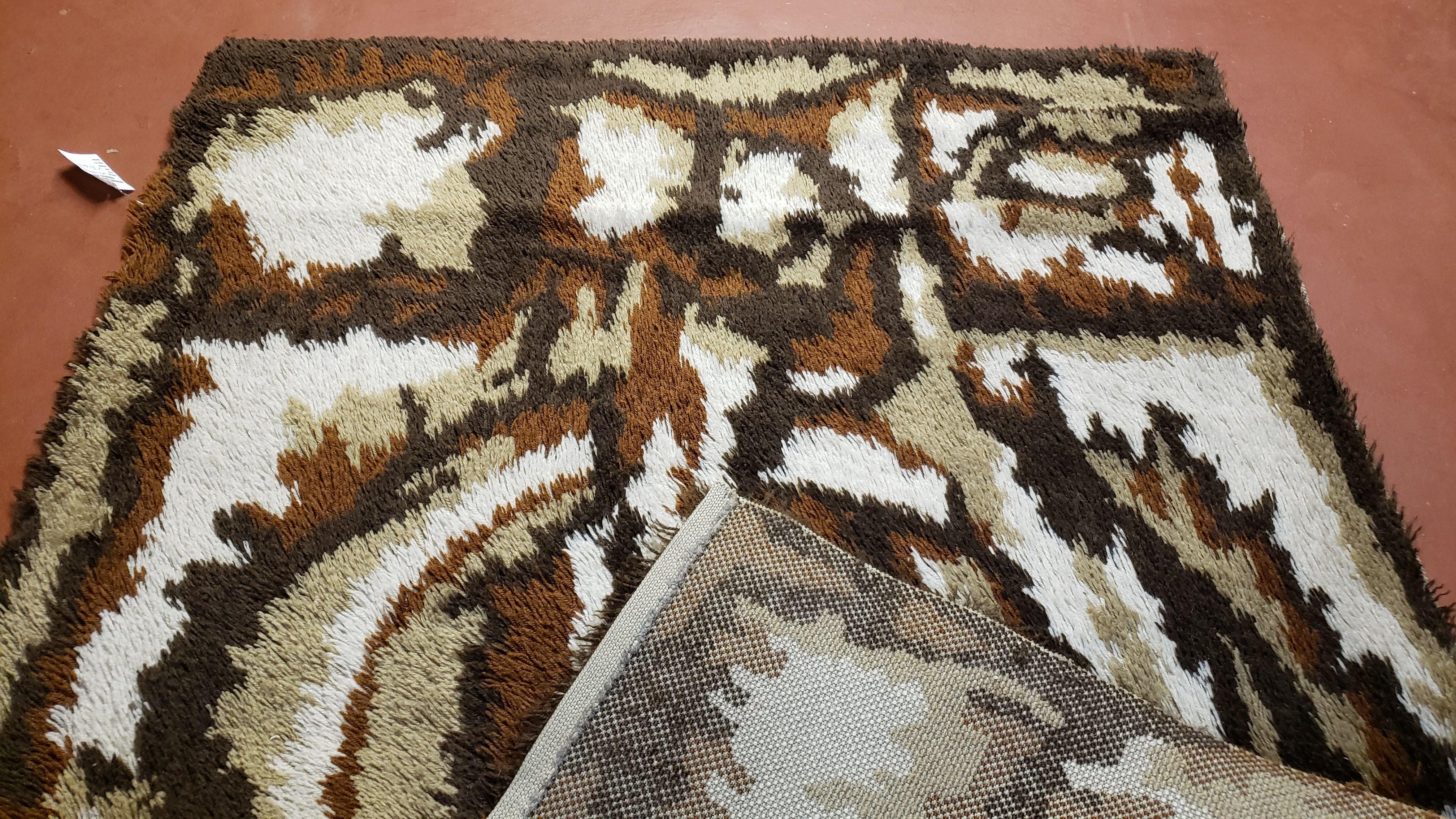 4.7 x 6.7 Rya Rug Danish Mid-Century Shag Rug Modern Abstract 1960s Carpet Brown Cream Tan Beige Area Rug 4x7 5x7 4x6 5x6 - Jewel Rugs