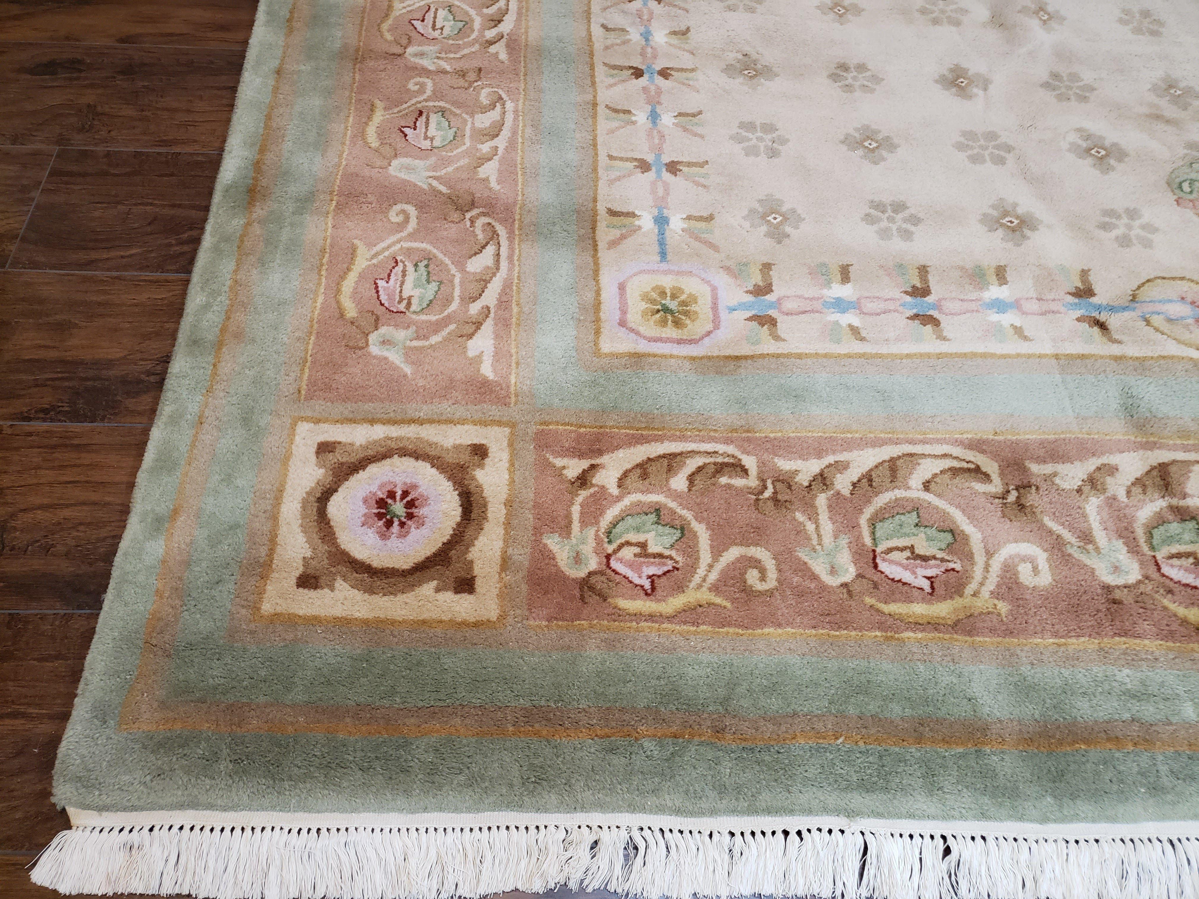 Large Vintage Chinese Aubusson Savonnerie Room Sized Rug 10x14, Wool Handmade Hand-Knotted 120 Line Living Room Dining Room Rug, Beige - Jewel Rugs