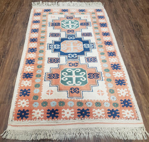 1960s Vintage Turkish Kazak Area Rug 3x5, Wool Hand-Knotted Ivory & Peach Tribal Style Carpet, 3 x 5 Soft Pile Living Room Carpet, Boho Rug - Jewel Rugs