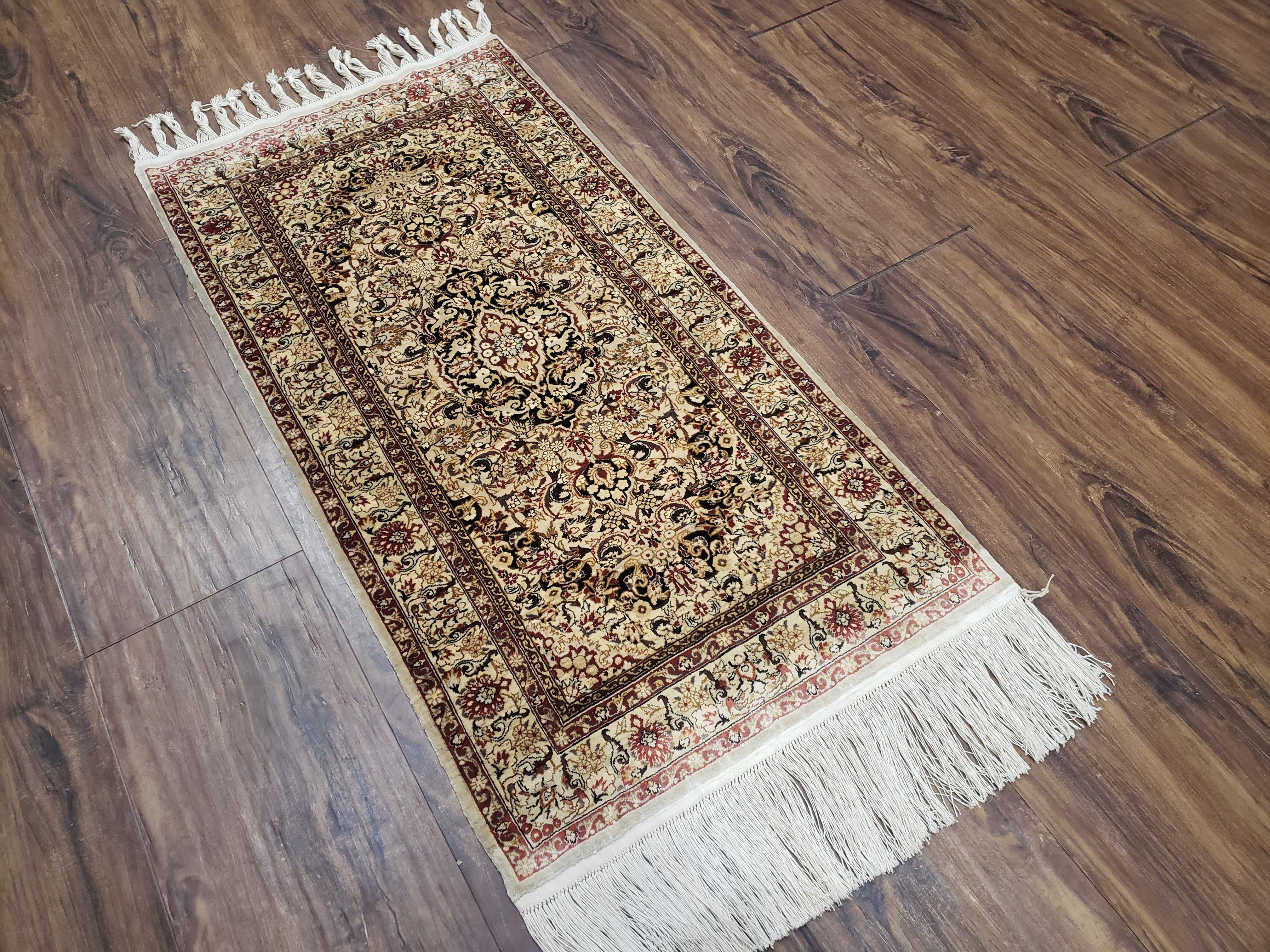 Silk Oriental Rug 1' 7" x 3', Very Fine Silk Carpet, Small Silk Rug, Traditional Floral Medallion, Hand-Knotted Cream Beige Vintage Silk Rug - Jewel Rugs