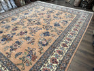 Large Indo Sarouk Rug 12x14, Vintage Indian Persian Rug 12 x 14 Oversized Hand Knotted Wool Oriental Carpet, Peach and Cream, Allover Floral - Jewel Rugs