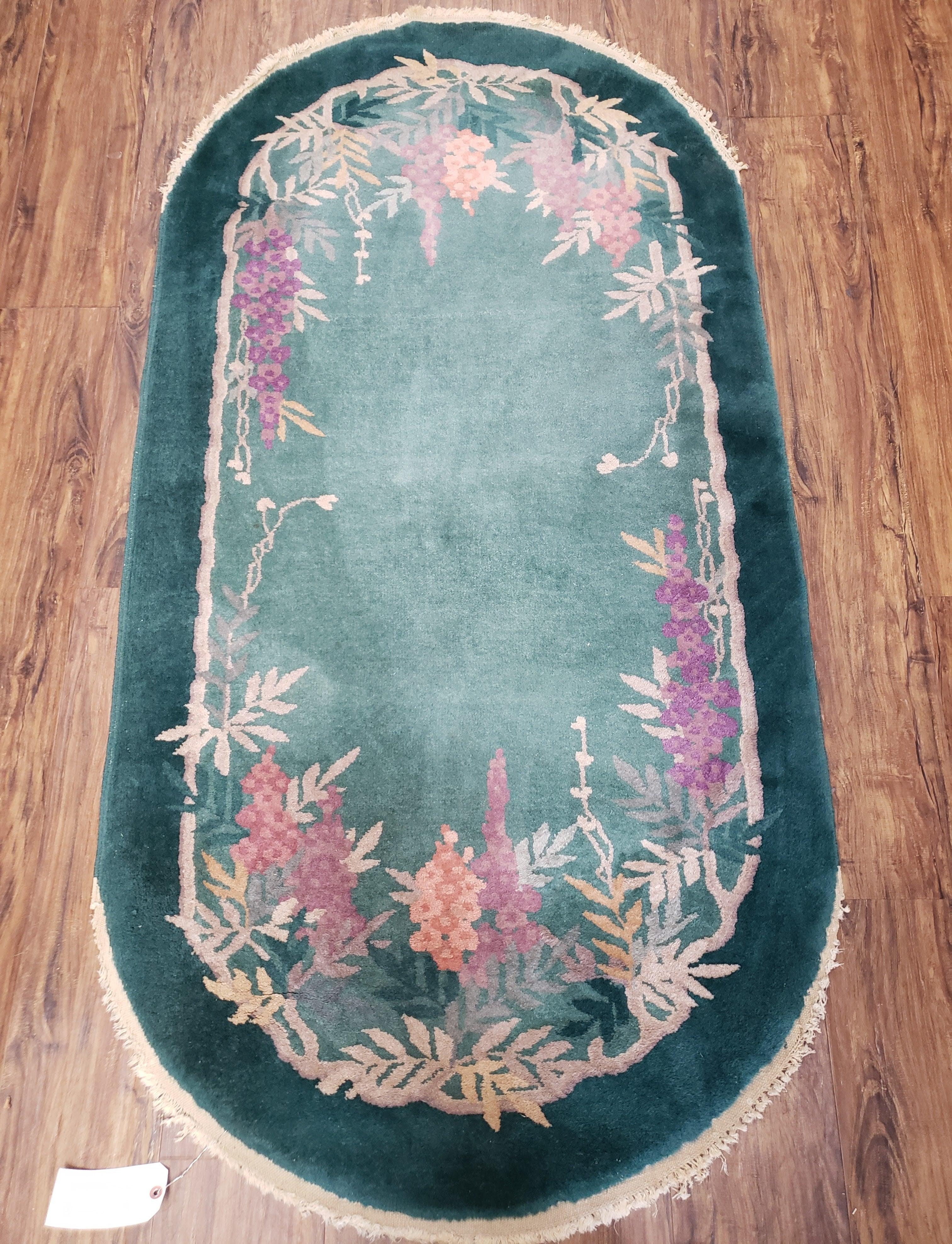 Oval Chinese Peking Rug, Teal Chinese Rug, Antique Art Deco Rug, Nichols Rug Oval, 3' x 5' 9", Teal and Green with Flowers, Wool, Handmade - Jewel Rugs