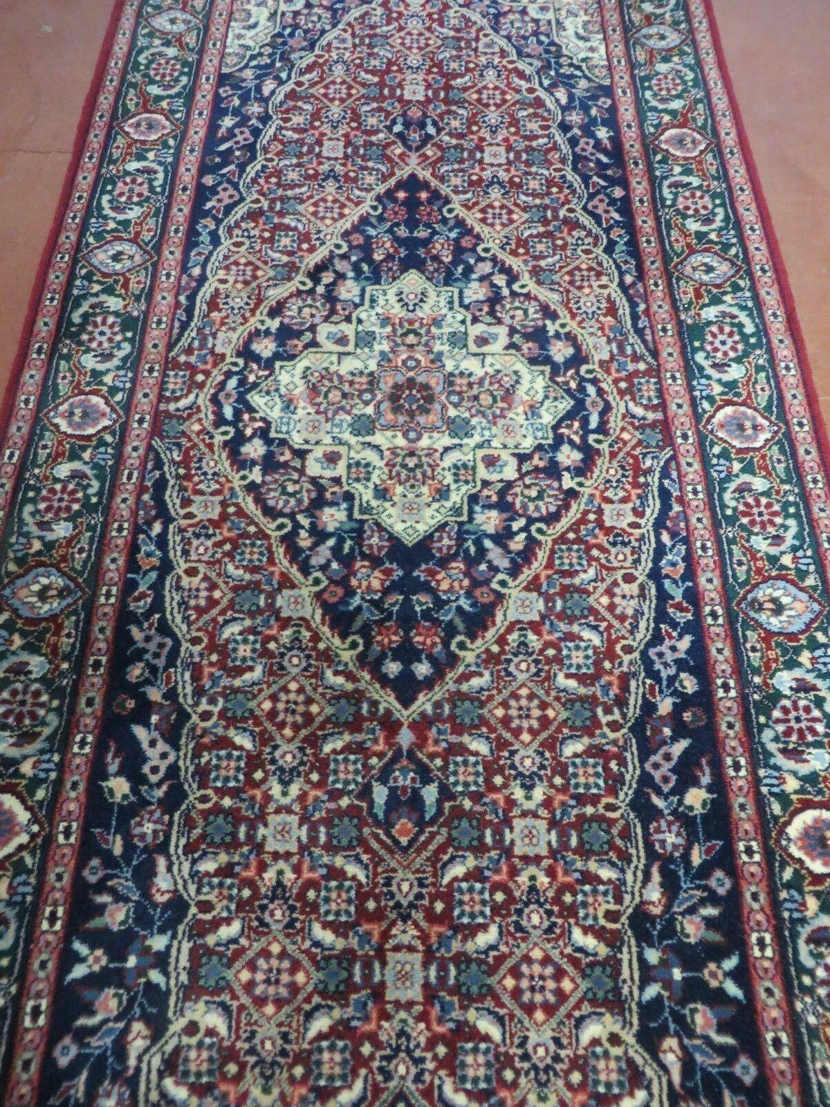 2' 6" X 12' Vintage Handmade India Floral Blue & Red Wool Runner Rug Oriental Carpet - Jewel Rugs