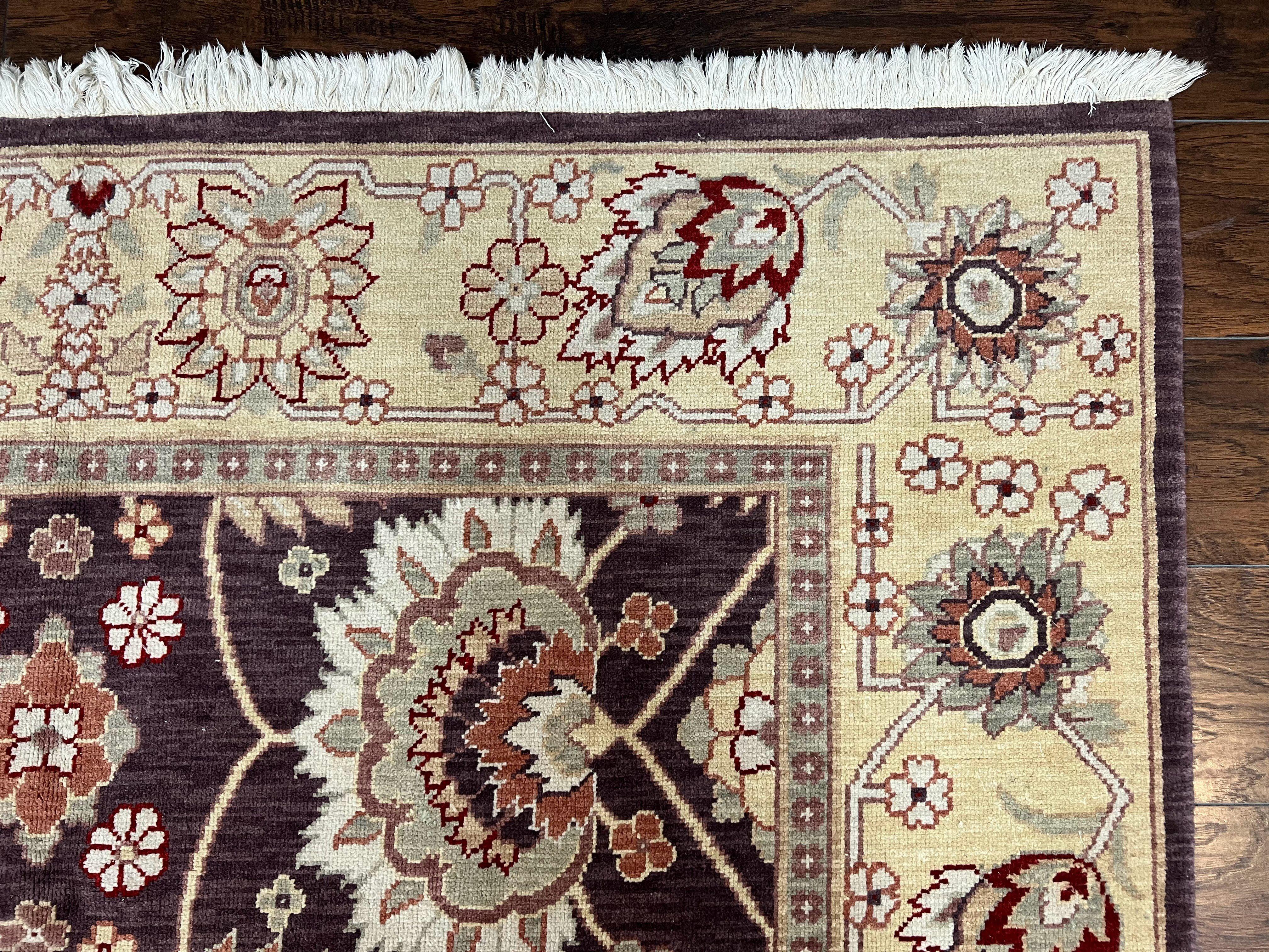 Vintage Indo Mahal Area Rug 6x9, Indian Persian Oriental Carpet 6 x 9, Puce Eggplant Tan Beige Rug, Hand-Knotted, Large Floral Design Wool - Jewel Rugs