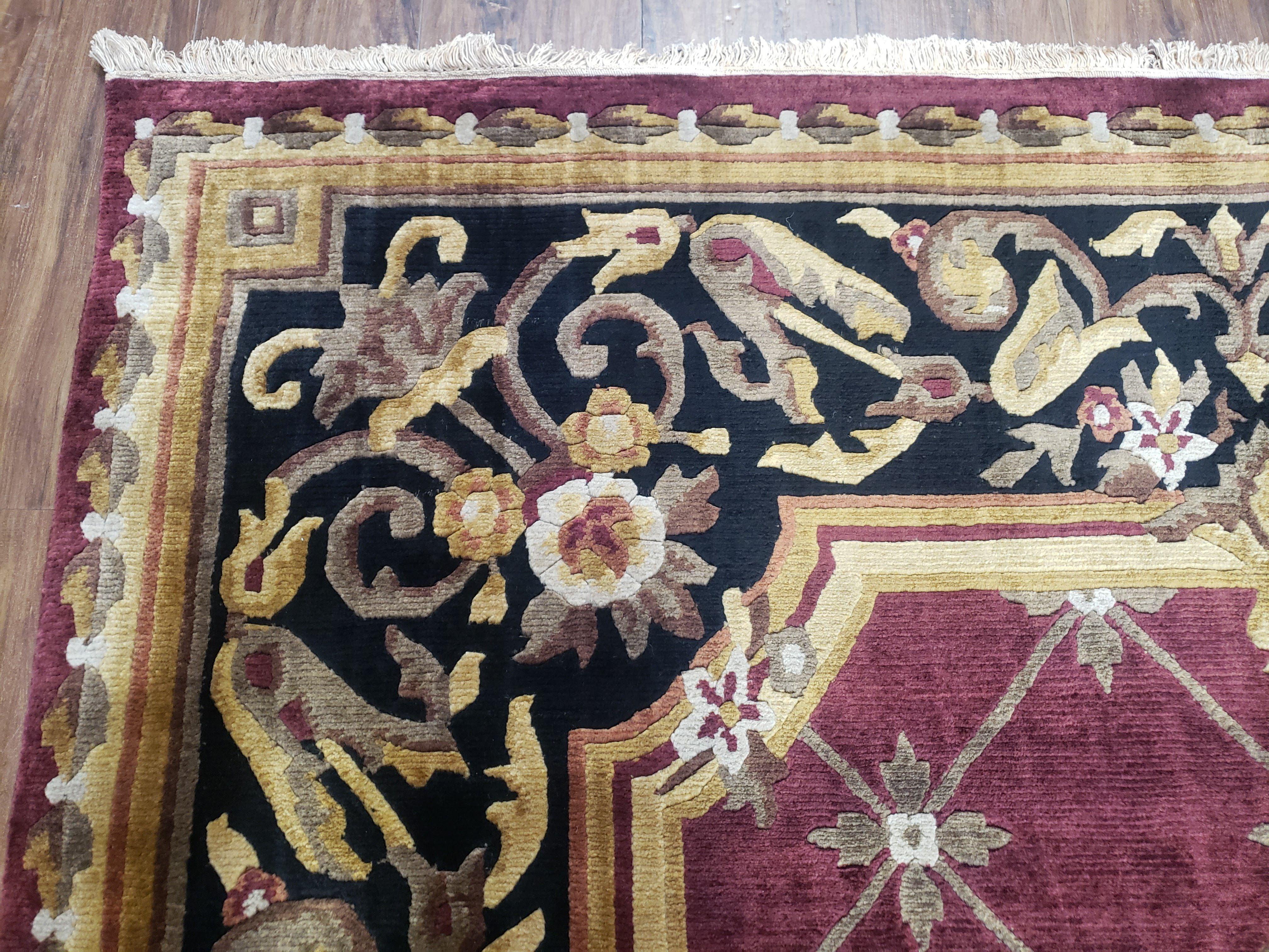 Vintage Nepalese Aubusson Area Rug 6x9, Pure Wool Hand-Knotted Black & Hibiscus Red Tibetan Carpet, Soft Plush Pile, 6 x 9 Savonnerie Rug - Jewel Rugs