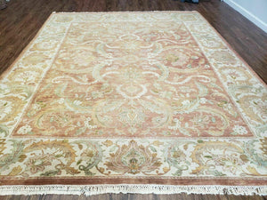 8' X 10' Handmade India Floral Wool Rug Carpet Tea Washed Nice Muted Red Beige - Jewel Rugs