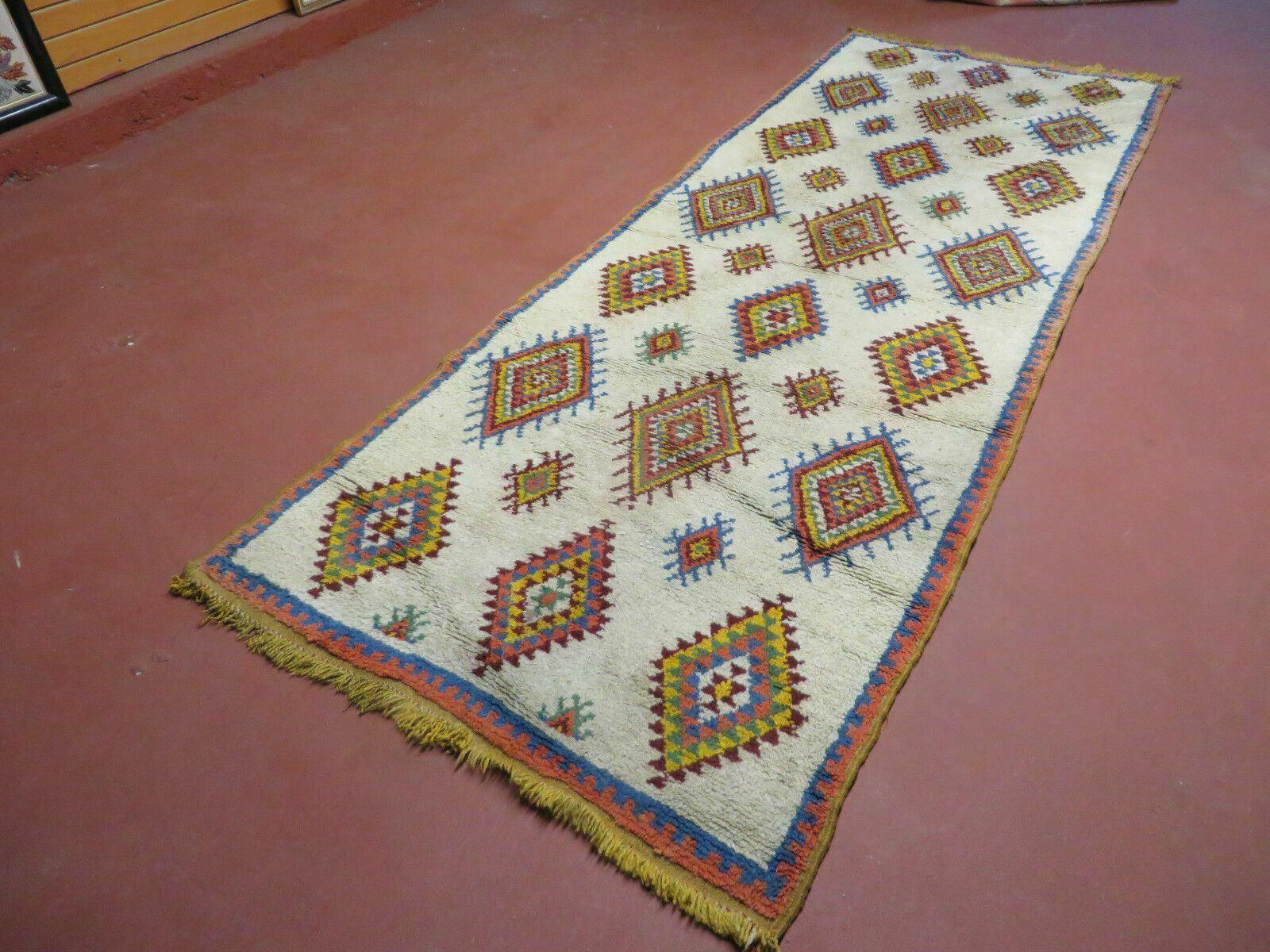Moroccan Wide Runner Rug 3' 6" x 9', Vintage Azilal Berber Carpet Tribal Runner, Colorful Diamonds Ivory Orange Yellow, Soft Wool Handmade - Jewel Rugs