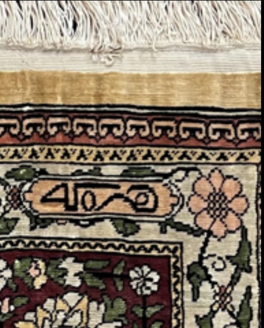 Wonderful Silk Turkish Hereke Prayer Rug 2.8 x 4.5, Tree of Life Design, Signature from Master Weaver, Gold and Burgundy, Handmade, 625 KPSI - Jewel Rugs