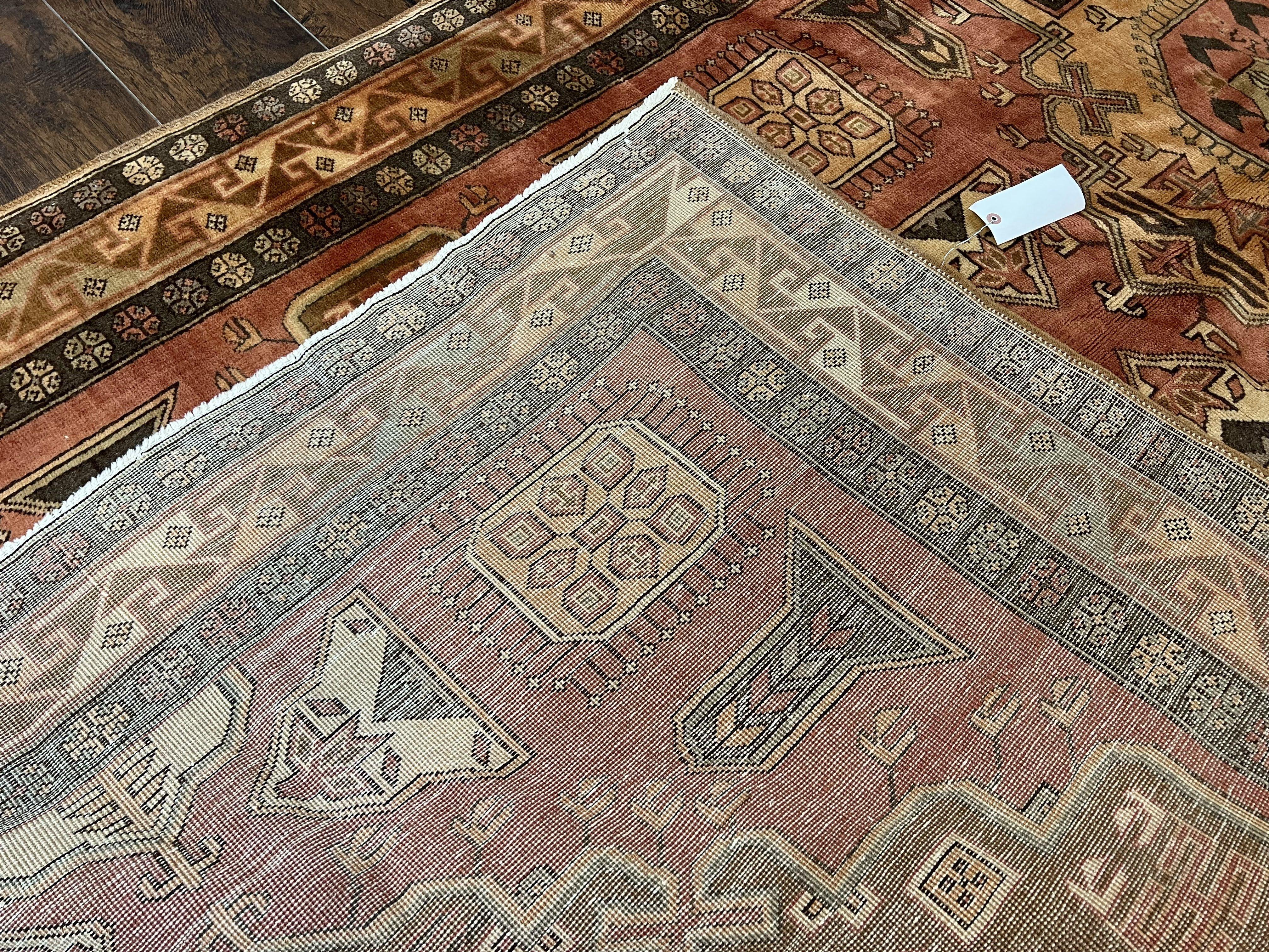 Wide Persian Ardabil Runner Rug 5x11, Vintage Semi Antique Handmade Wool Hallway Corridor Carpet, Geometric Caucasian Kazak Pattern, Salmon Cream - Jewel Rugs