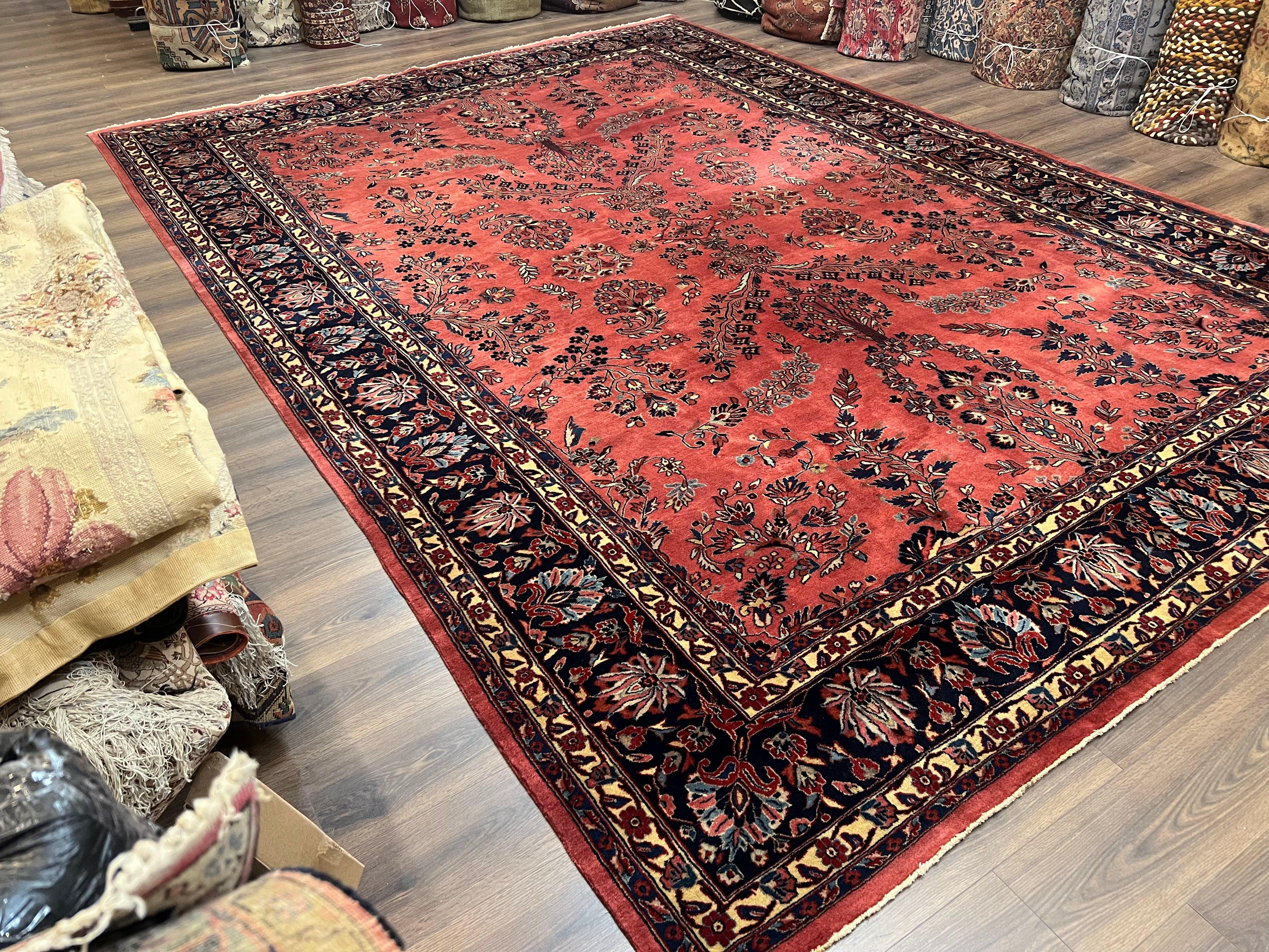 Indo Sarouk Rug 10x14, Vintage Indian Persian Area Rug 10 x 14, Wool Hand-Knotted Oriental Carpet, Red Floral Allover Large Rug, Beautiful - Jewel Rugs