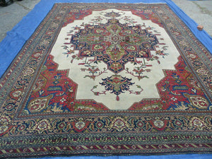 10' X 13' Antique Handmade Turkish Wool Rug with Persian Heriz Serapi Bakshaish Pattern - Beige, Red, and Blue Colors - Jewel Rugs