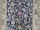 Semi Antique Persian Qum Tree of Life Rug, Hand-Knotted, Wool, Midnight Blue and Tan, Animal Pictorials, Written Poem in Borders, 4' 8" x 7' 8" - Jewel Rugs