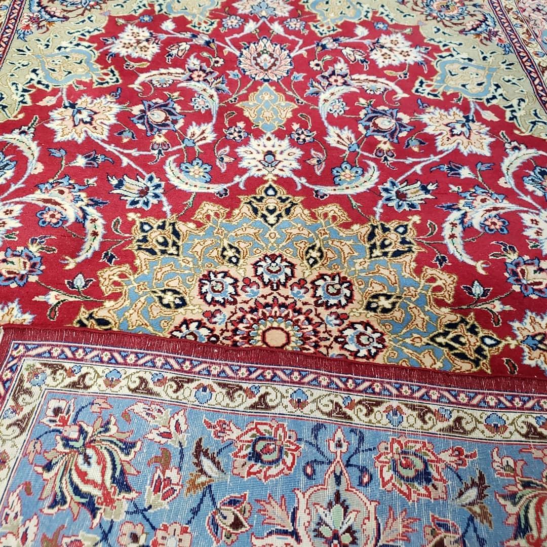 Semi Antique Persian Isfahan Rug, Kork Wool on Silk Foundation, Red & Blue, Top Quality, 3'6" x 5' 6" - Jewel Rugs