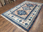 Turkish Kazak Rug 5x8 ft, Bold Geometric Bohemian Carpet, Blue and Ivory Hand Knotted Area Rug, Medium Sized High Quality Wool Oriental Rug - Jewel Rugs