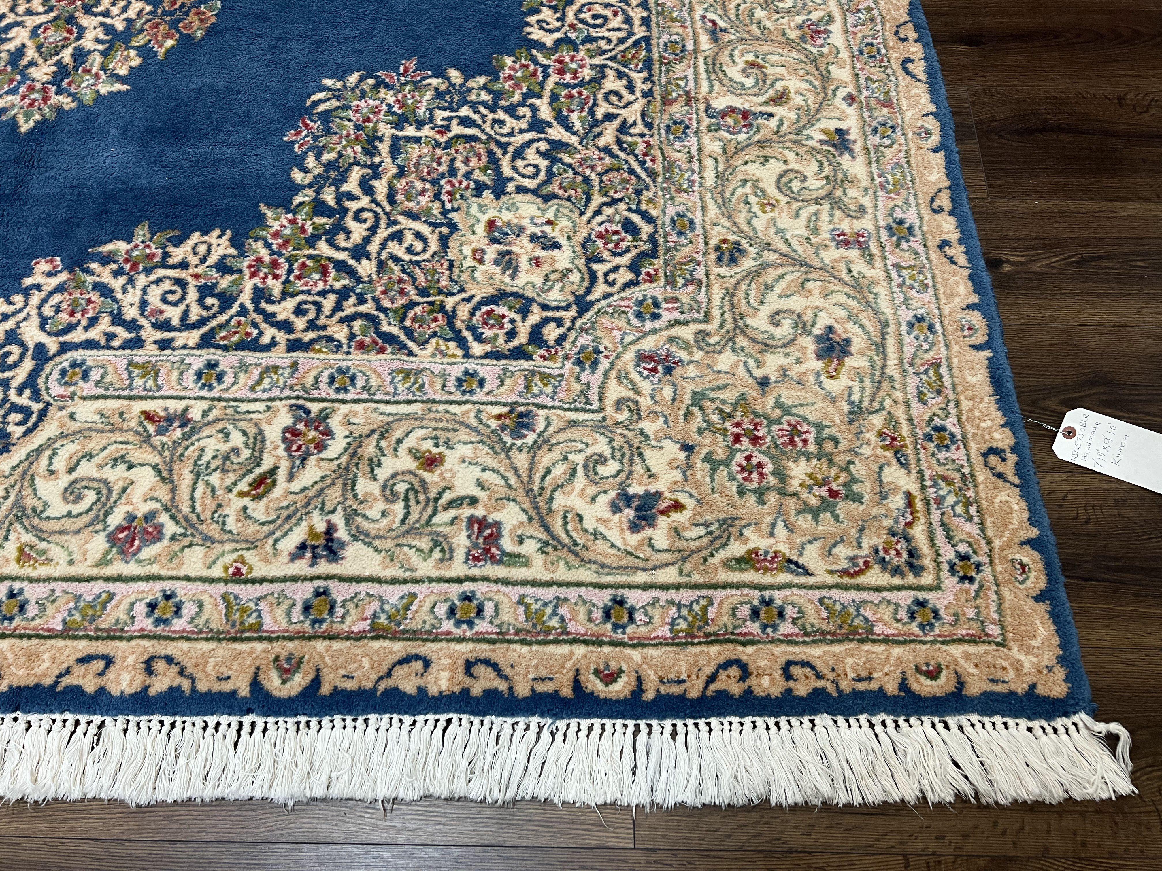 Persian Kirman Rug 8x10, Vintage Oriental Carpet, Wool Handmade Rug, Sky Blue Beige, Signed Area Rug, Semi Open Field Floral Medallion Rug - Jewel Rugs