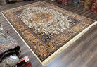 Indo Persian Rug 9x12, Animals Lions Peacocks Birds, Vintage Indian Oriental Carpet 9 x 12, Taba Tabaie, Wool Handmade, Cream Orange Navy - Jewel Rugs