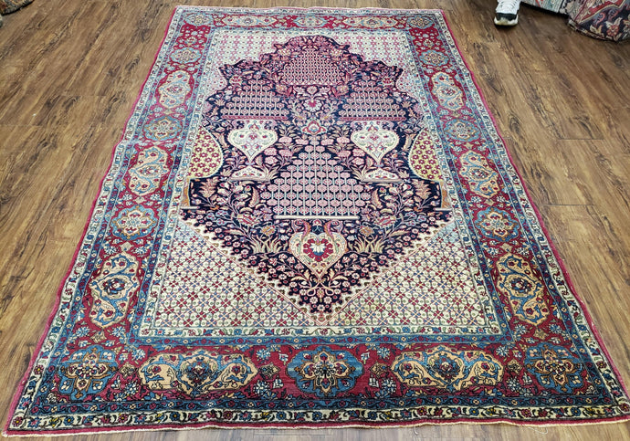 Semi Antique Persian Tehran Rug, Floral Design, Midnight Blue and Red, Hand-Knotted, Wool, 5' x 7' 9