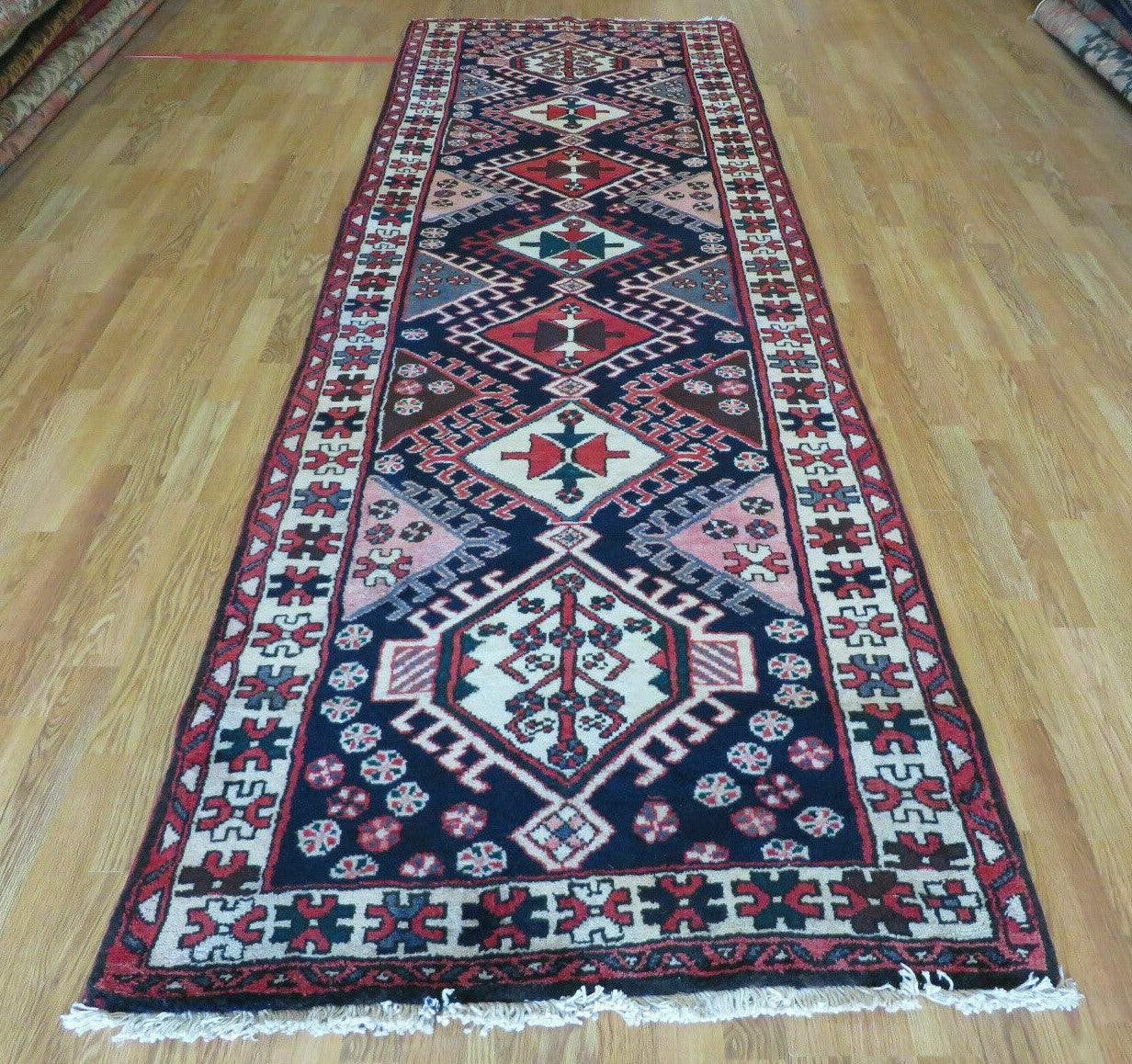 Persian Runner Rug 3.5 x 10.7, Karajeh Heriz Rug, Navy Blue, Geometric Medallions - Jewel Rugs