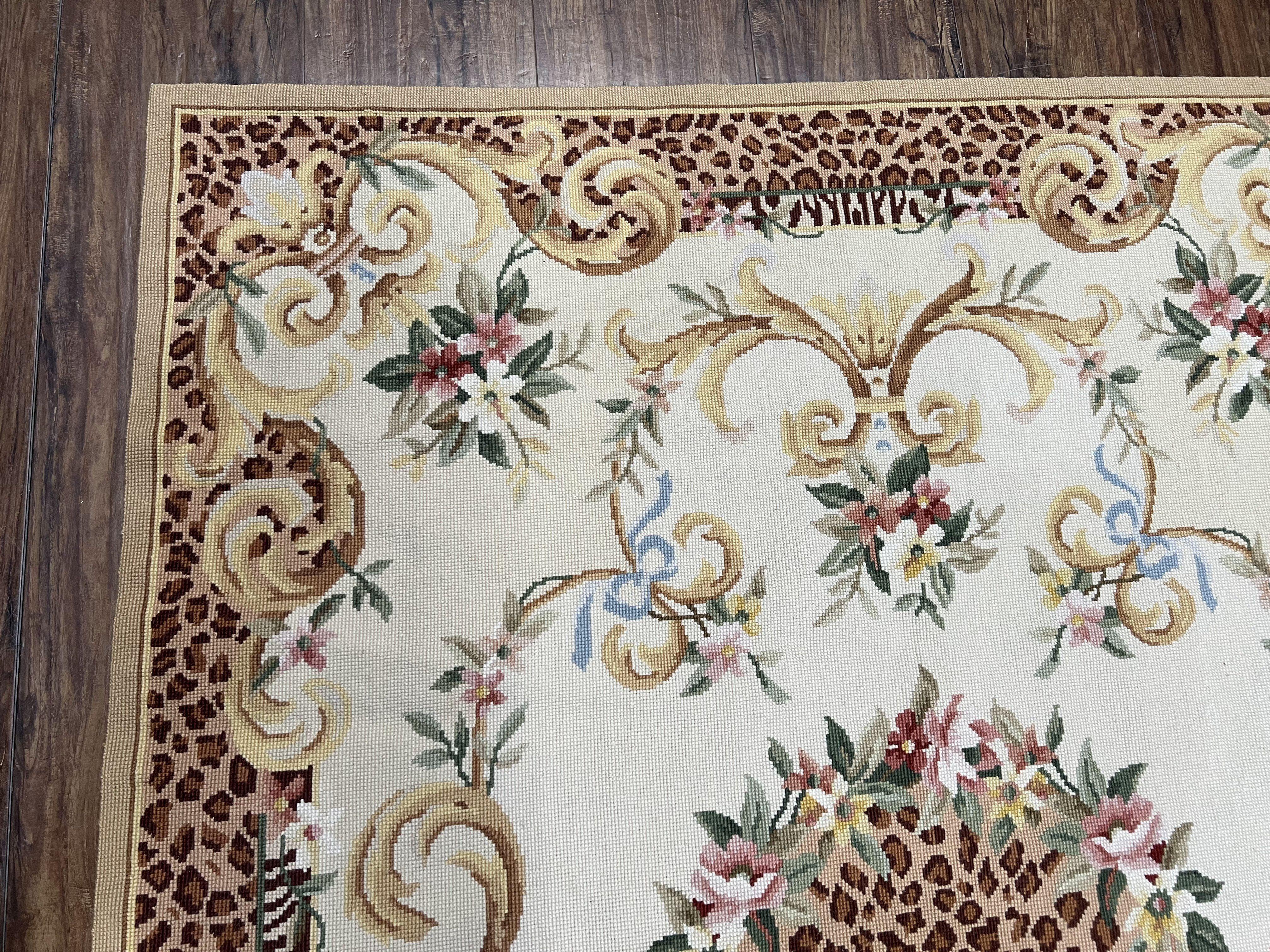 Needlepoint Rug 4x6 European Carpet, Leopard Print Rug, French Aubusson Savonnerie Design, Elegant Rug, Flatweave Rug, Wool Hand-Woven Ivory - Jewel Rugs