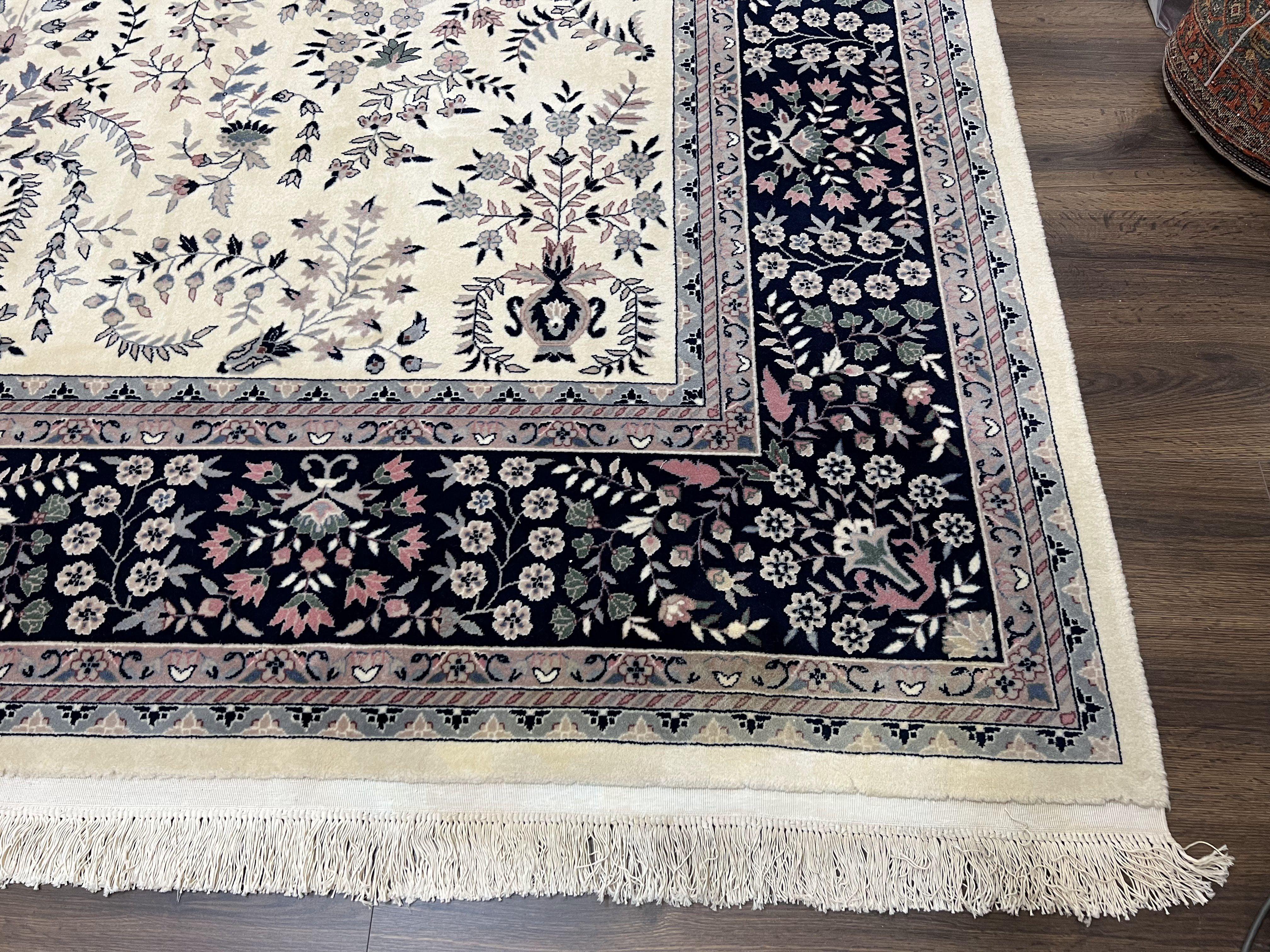 Large Indo Persian Kirman Rug 10x14, Indian Oriental Carpet, Hand Knotted Wool Floral Allover Rug 10 x 14 ft, Ivory Dark Blue, Traditional - Jewel Rugs