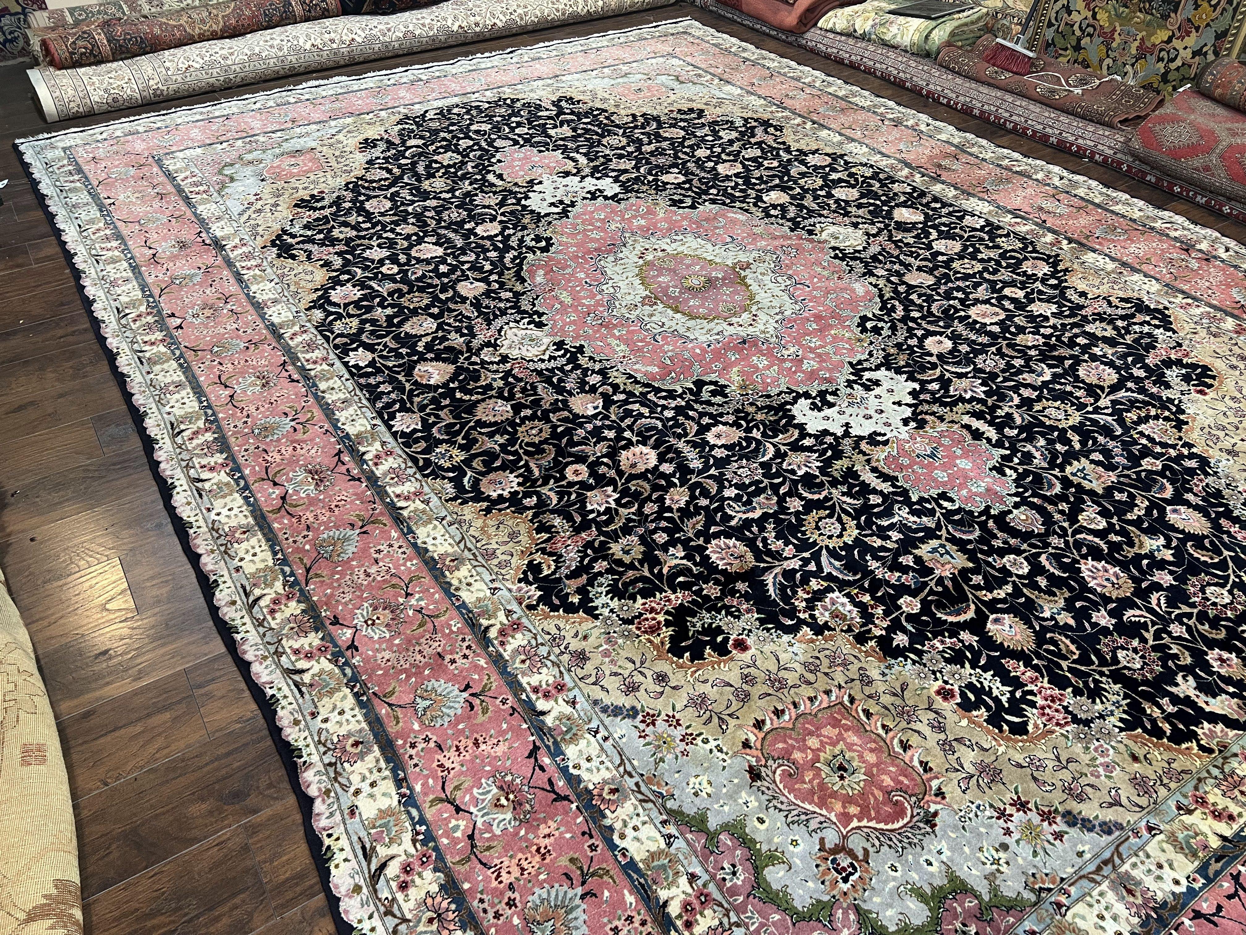 Magnificent Persian Tabriz Rug 11x16, Oversized Persian Carpet 11 x 16 ft, Wool on Silk Finely Hand Knotted, 450 KPSI, Floral Medallion, Black Pink - Jewel Rugs