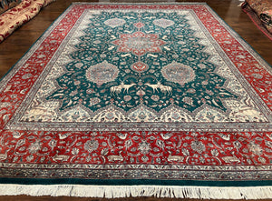 Stunning Persian Rug 10 x 14.6, Very Fine Hand Knotted Vintage Oriental Carpet for Living Room Dining Room, Dark Green Red, Medallion Floral - Jewel Rugs