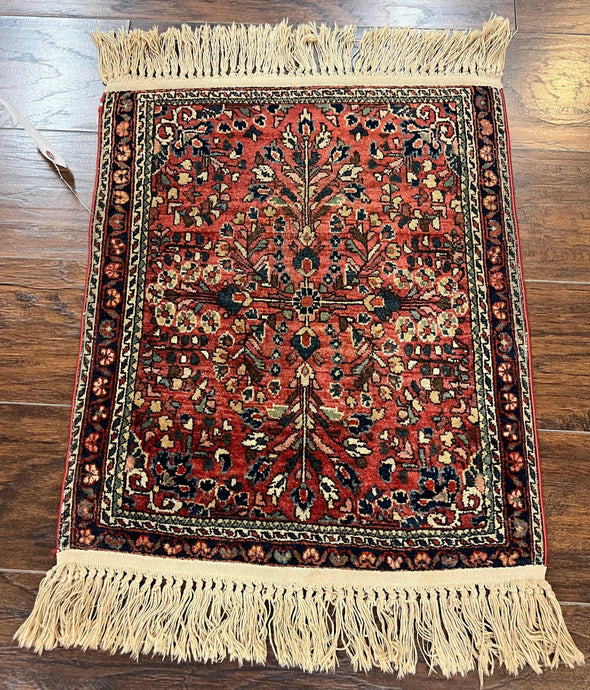 Antique Persian Sarouk Rug 2x3, Small Wool Persian Carpet 2 x 3 ft, Floral, Red Navy Blue Cream, Hand Knotted Small Traditional Oriental Accent Rug - Jewel Rugs