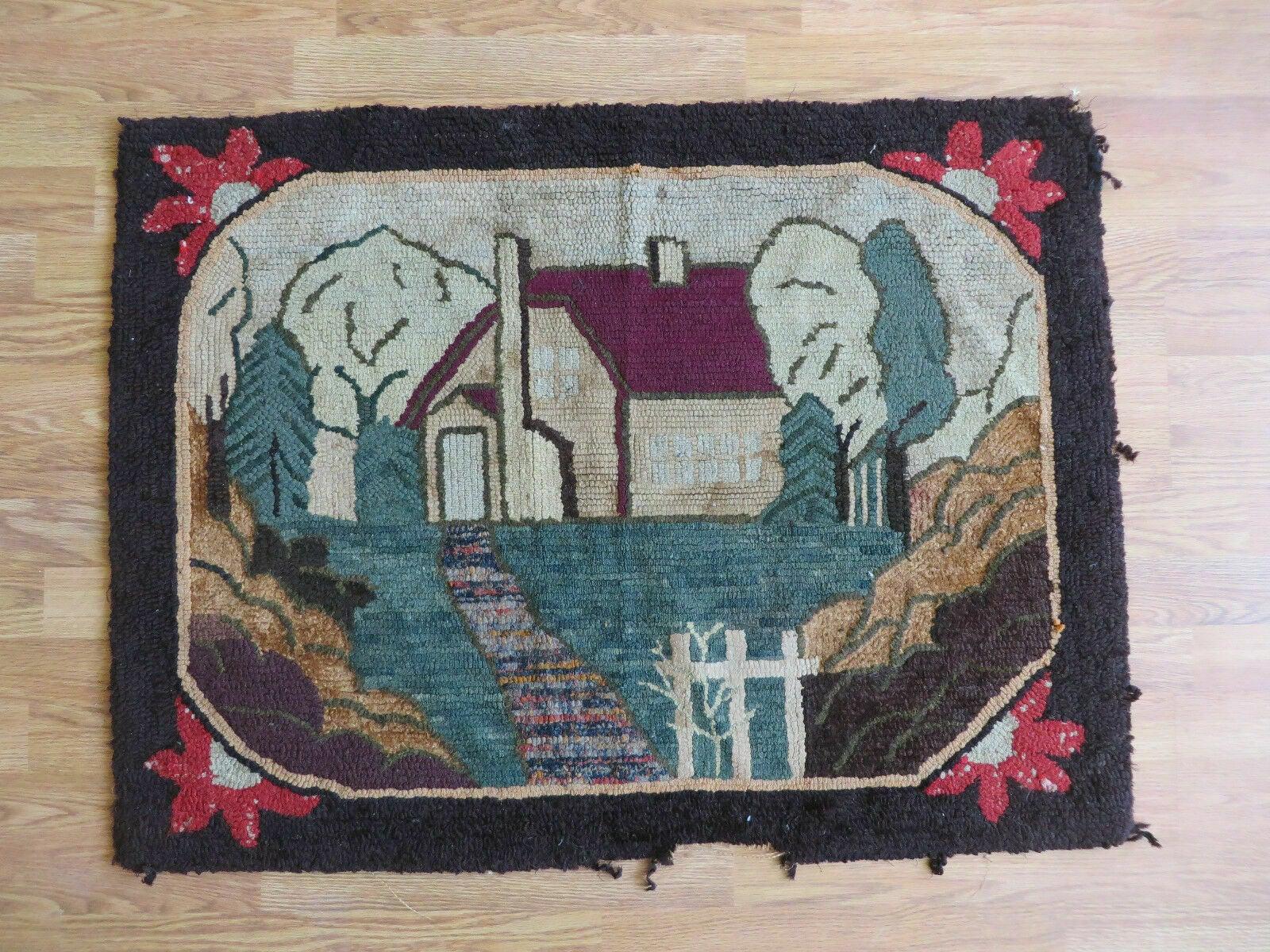 28" X 37" Antique Hooked Rug Wool Primitive Original House Trees - Jewel Rugs