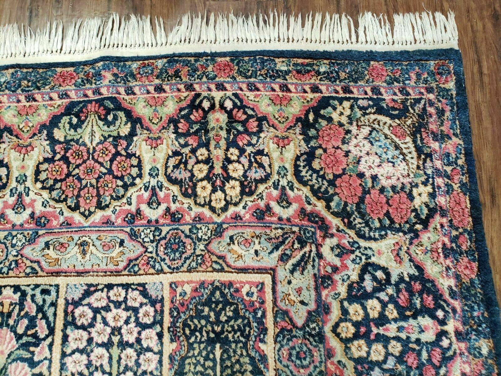 Persian Rug 10x15, Authentic Oriental Carpet 10 x 15, Wool Area Rug Panel Design Hand-Knotted Vintage Kirman Yazd Rug, Dark Blue and Beige, Floral - Jewel Rugs