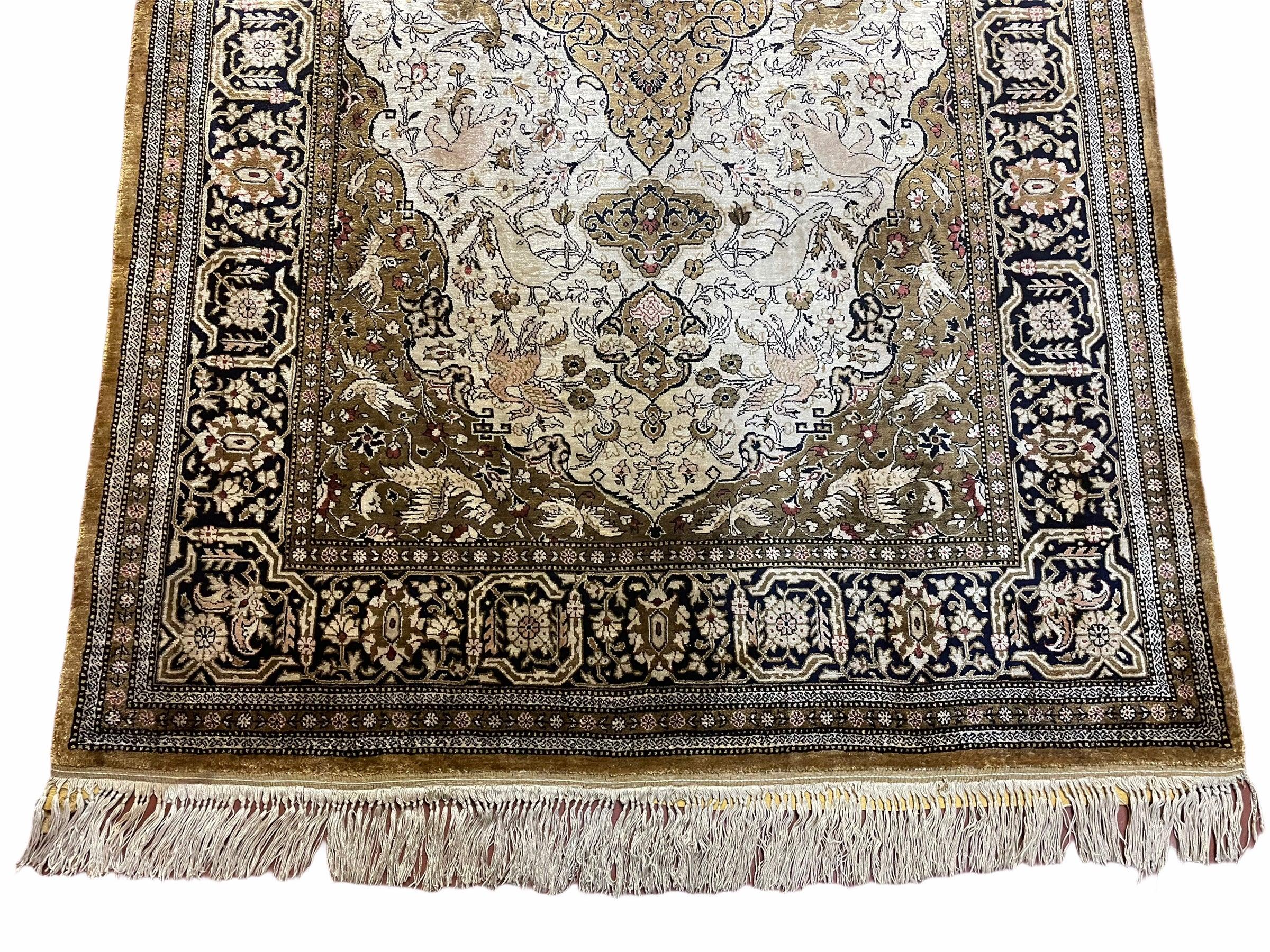 3' X 5' Vintage Fine Handmade Turkish Oriental Silk Rug 400 KPSI Birds Wow - Jewel Rugs