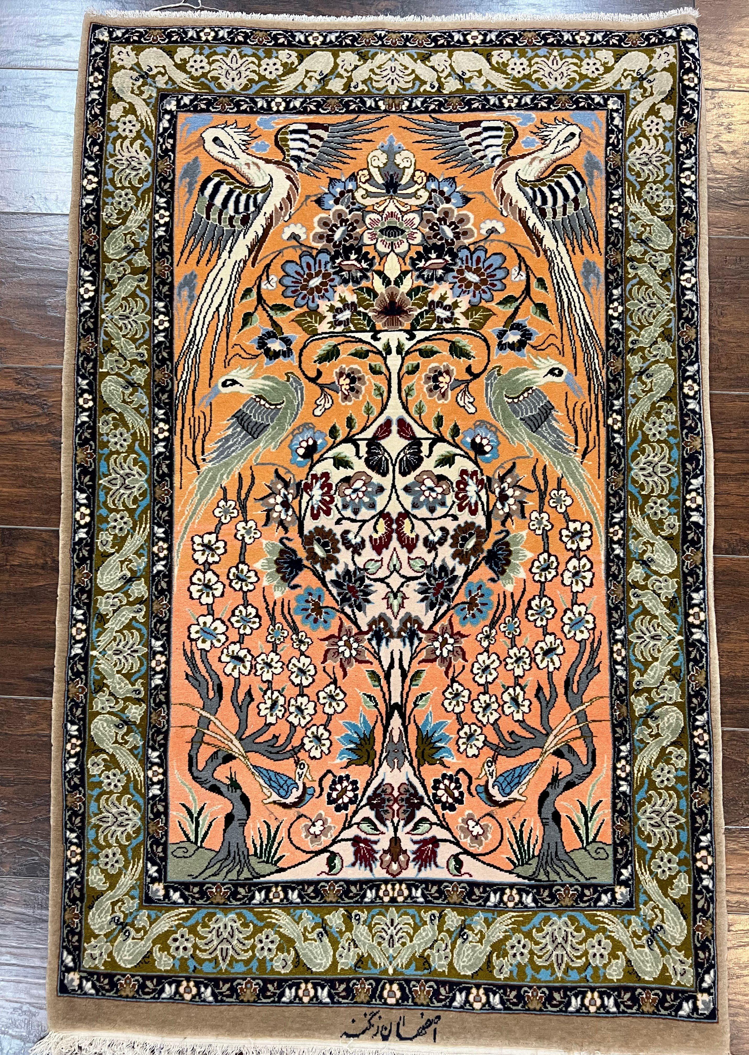Very Fine Small Persian Isfahan Rug 2.6 x 4, Kork Wool on Silk Hand-Knotted Vintage Animal Pictorials Birds Vase, Signature Masterweaver, Orange - Jewel Rugs