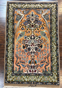 Very Fine Small Persian Isfahan Rug 2.6 x 4, Kork Wool on Silk Hand-Knotted Vintage Animal Pictorials Birds Vase, Signature Masterweaver, Orange