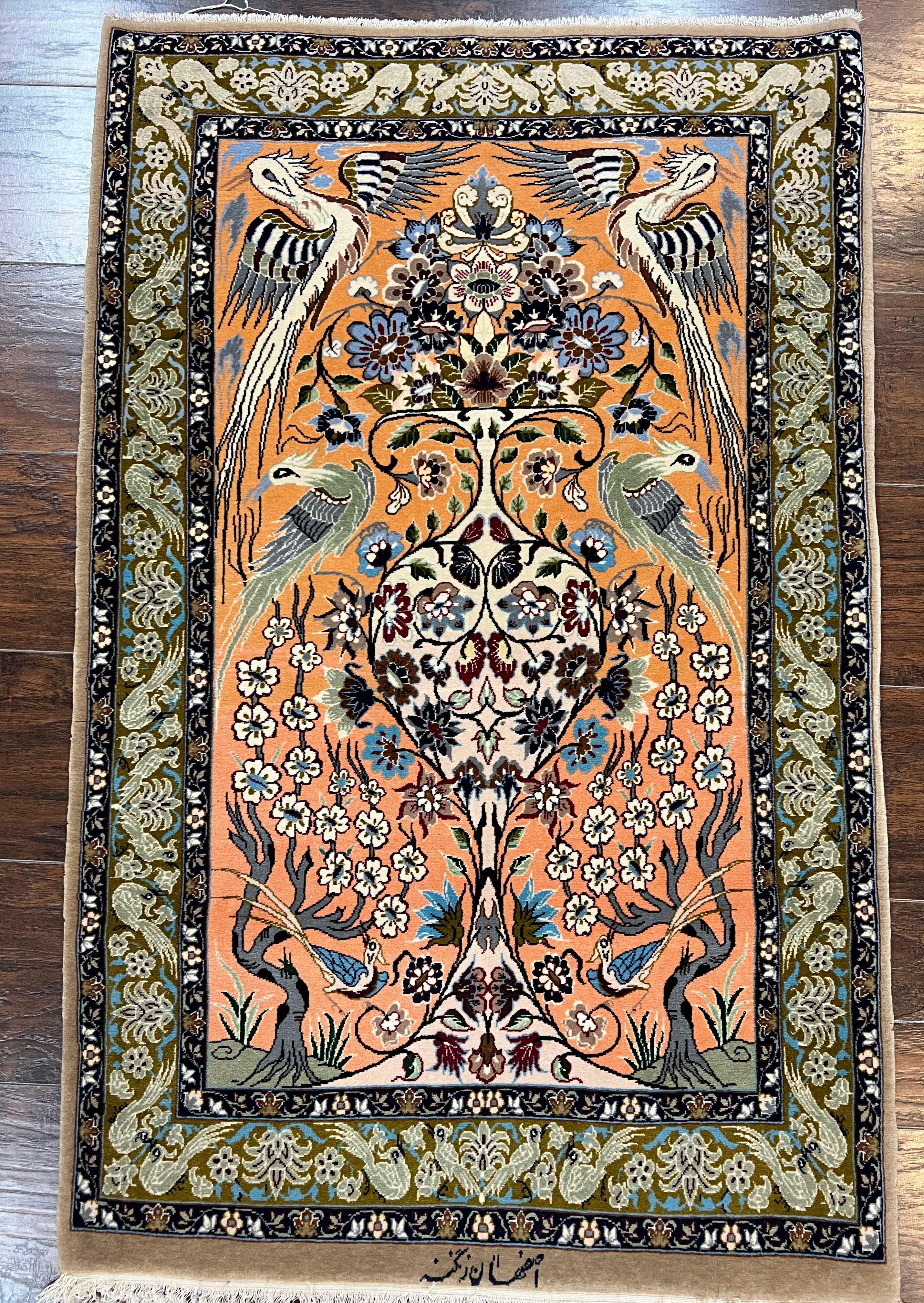 Hand Knotted Pictorial Wool & Silk Persian Rug 2x4 Blue Isfahan 