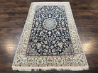 Very Fine Persian Nain Rug 3.7 x 6, Floral Medallion, Wool and Silk Accents, Highly Detailed, Hand Knotted Oriental Carpet, Navy Blue Ivory/Cream - Jewel Rugs