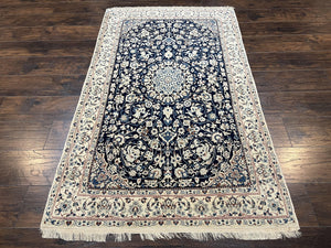 Very Fine Persian Nain Rug 3.7 x 6, Floral Medallion, Wool and Silk Accents, Highly Detailed, Hand Knotted Oriental Carpet, Navy Blue Ivory/Cream - Jewel Rugs