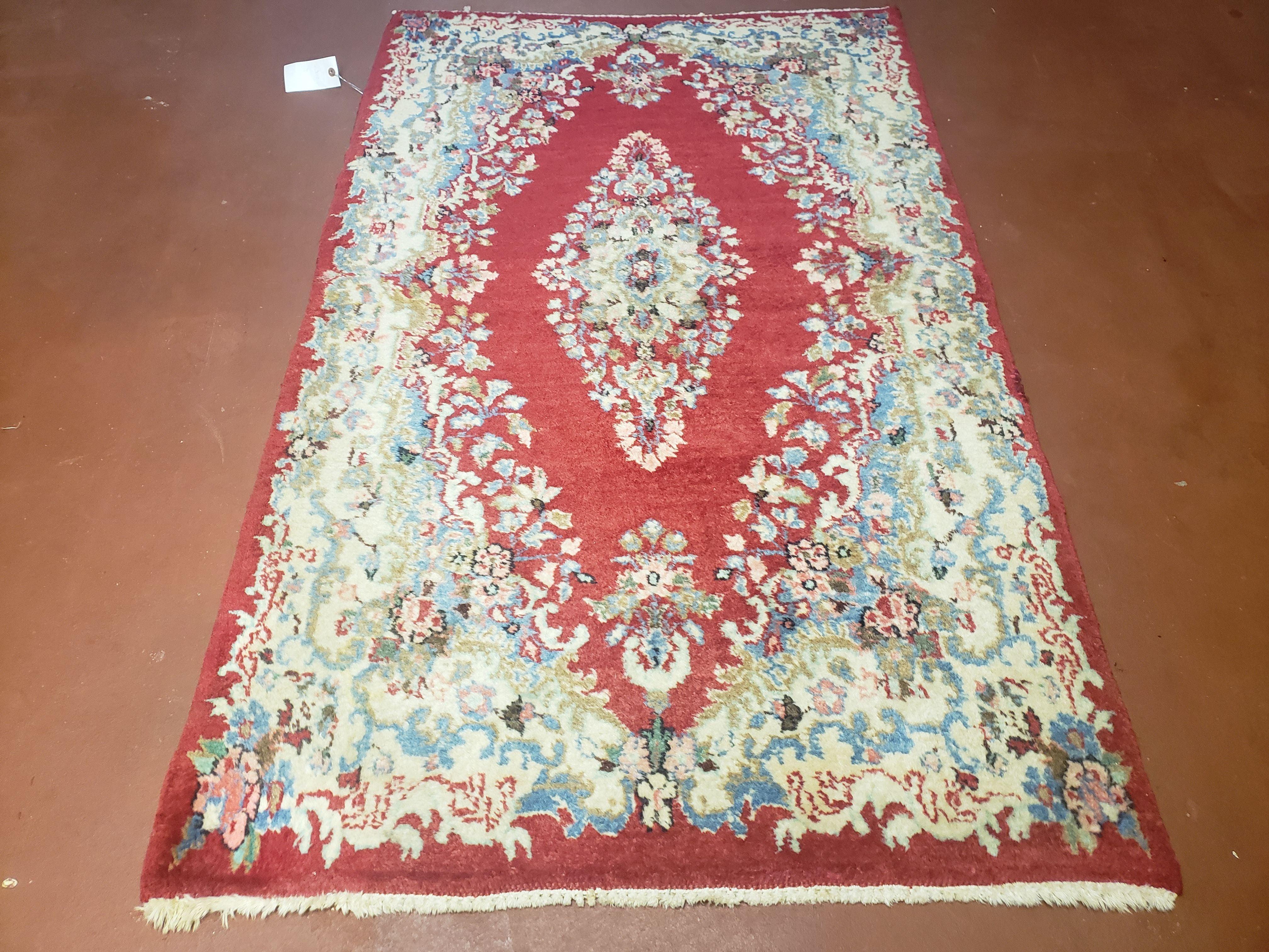 3x5 Persian Kirman Rug, Oriental Persian Carpet 3 x 5, Wool Vintage Hand-Knotted Rug, Floral Medallion, Open Field, Small Rug, Red Beige Light Blue - Jewel Rugs