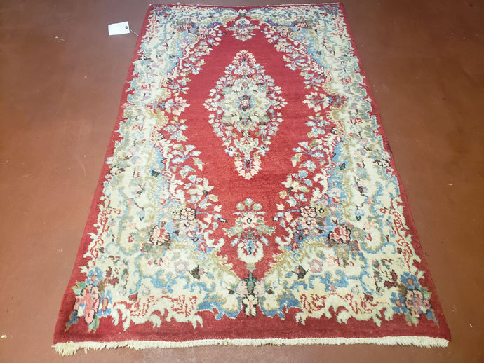 3x5 Persian Kirman Rug, Oriental Persian Carpet 3 x 5, Wool Vintage Hand-Knotted Rug, Floral Medallion, Open Field, Small Rug, Red Beige Light Blue - Jewel Rugs