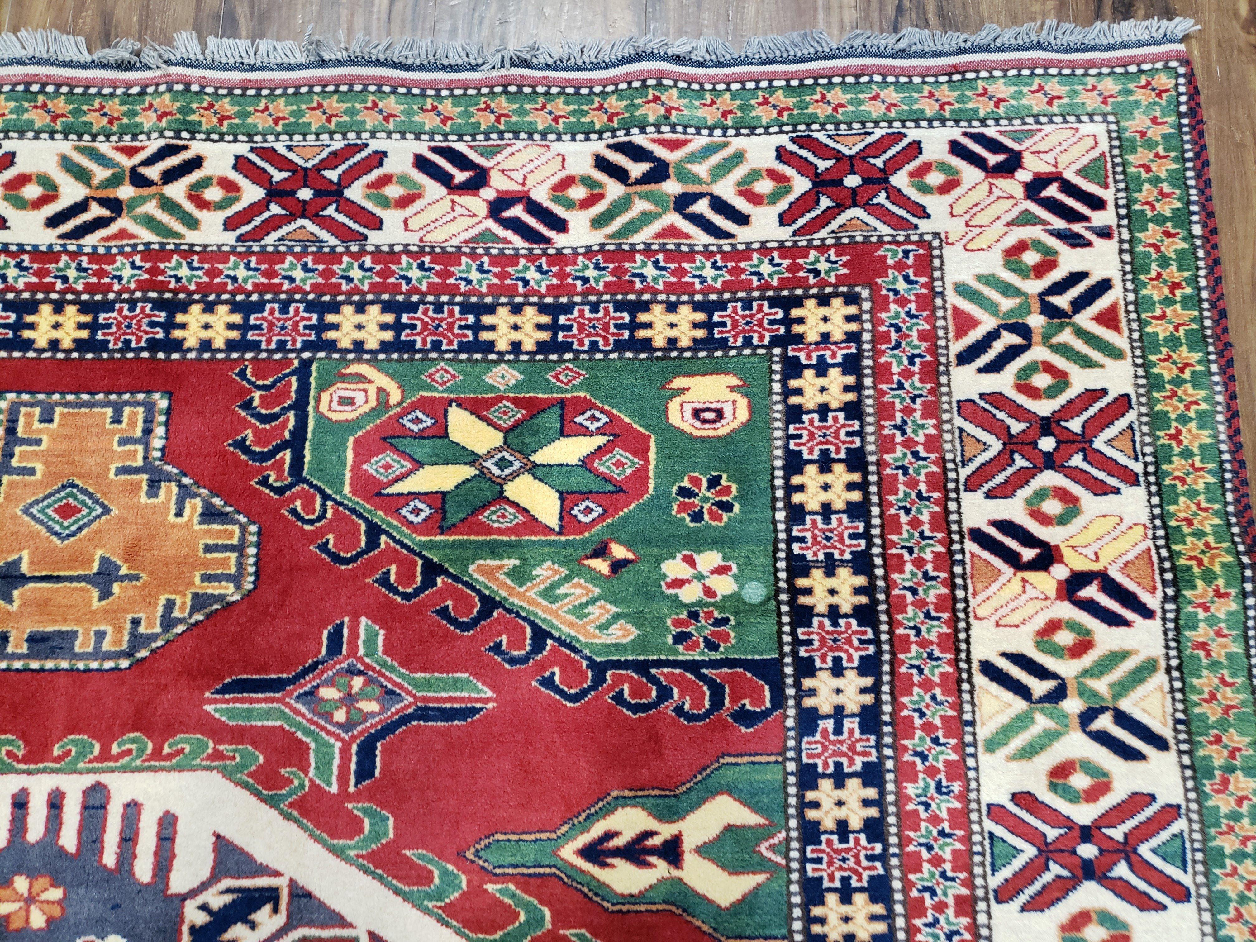 Vintage Turkish Kazak Area Rug, 6ft Square Rug, 6x6 Square Oriental Carpet, Hand-Knotted, Wool, Bold Colors, Red Blue Green, Geometric Rug - Jewel Rugs