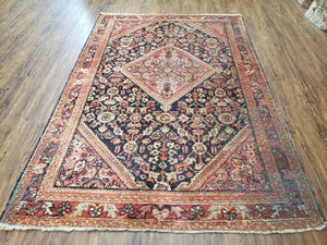 Antique Persian Mahal Area Rug 4x6 - 5x7, Wool Hand-Knotted Shabby Chic Oriental Rug, Red Black 1930s Foyer Room Carpet, Low Pile Boho Rug - Jewel Rugs