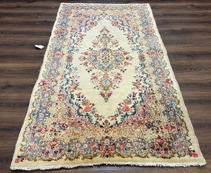 Persian Kirman Rug 4x7, Semi Antique 1950s Wool Oriental Carpet, Cream Light Blue Salmon Pink, Floral Medallion Semi Open Field Hand Knotted - Jewel Rugs