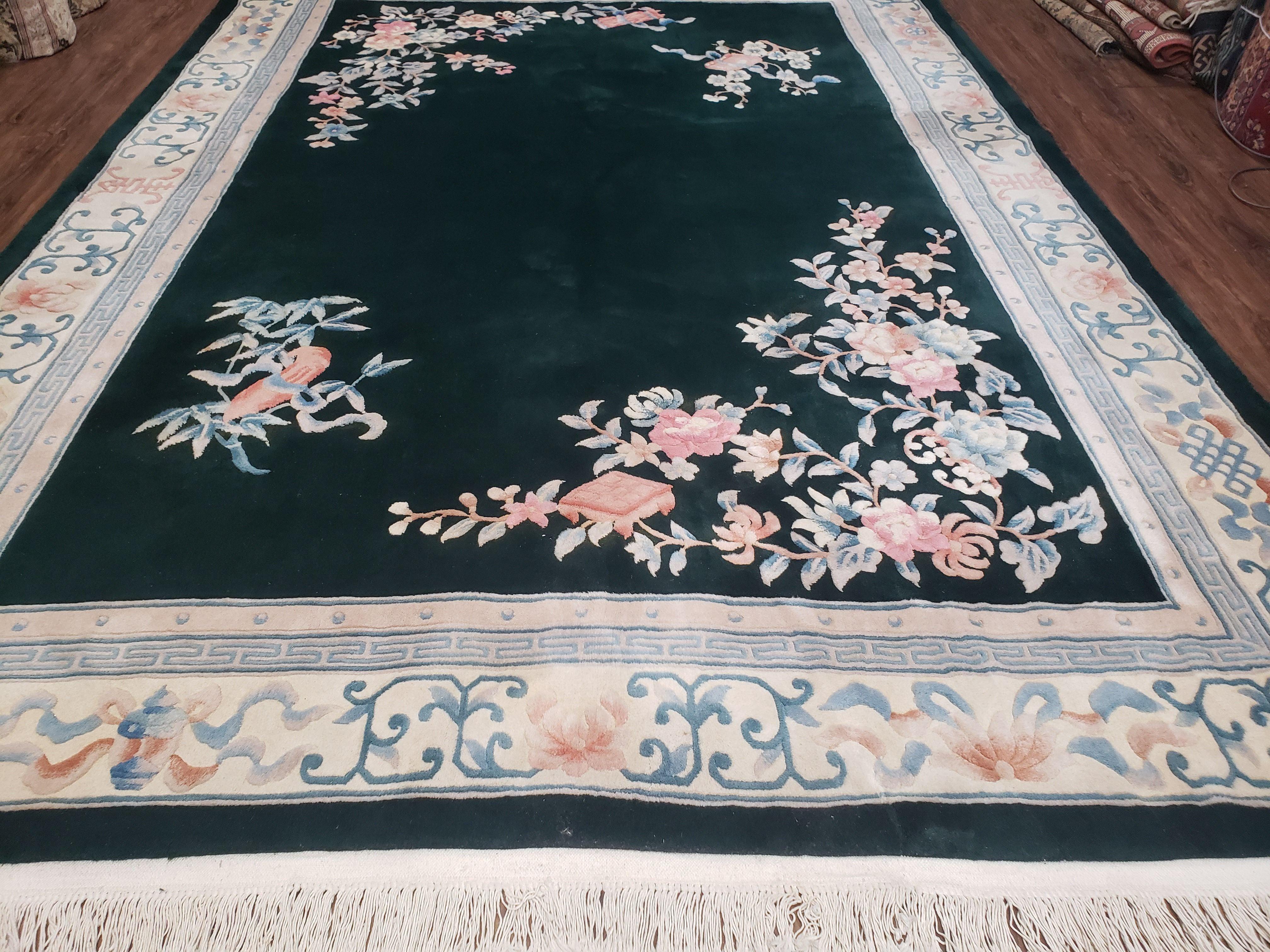 8' X 11' Vintage Handmade Chinese Carving Sculpture Wool Rug Flowers Green Nice - Jewel Rugs