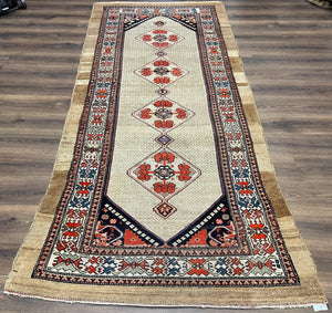 Rare Persian Tribal Runner Rug 4.5 x 10, Sarab Serab Kalegy Carpet, Antique 1920s Collectible Geometric Medallions Oriental Wool Runner, Hand Knotted, Camel Hair Color - Jewel Rugs