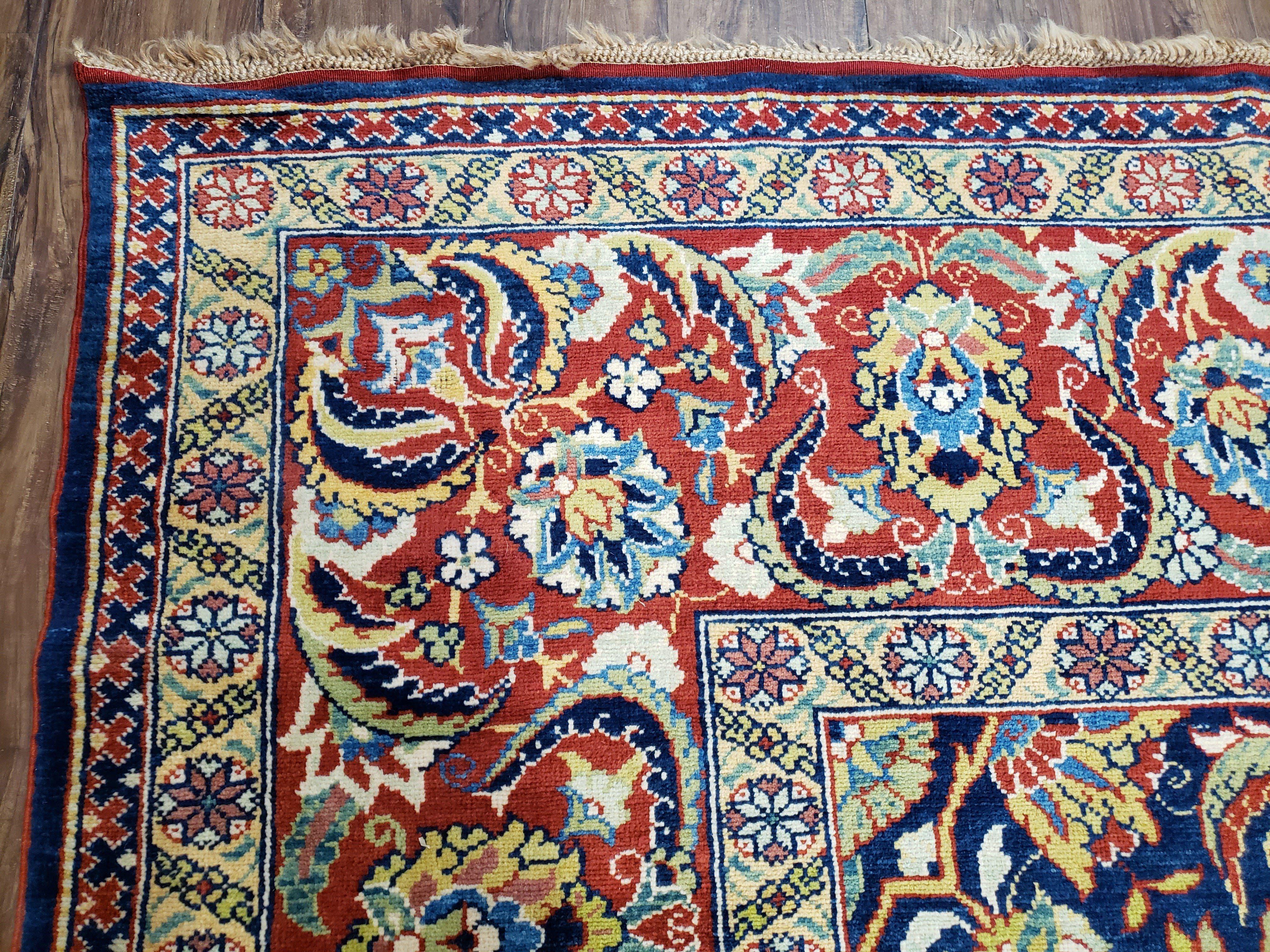 Square Turkish Mahal Rug 8 x 8.5, Colorful Square Carpet, Large 8ft Square Rug, Blue Red Yellow, Handmade Wool, Vintage, Large Flowers, Nice - Jewel Rugs